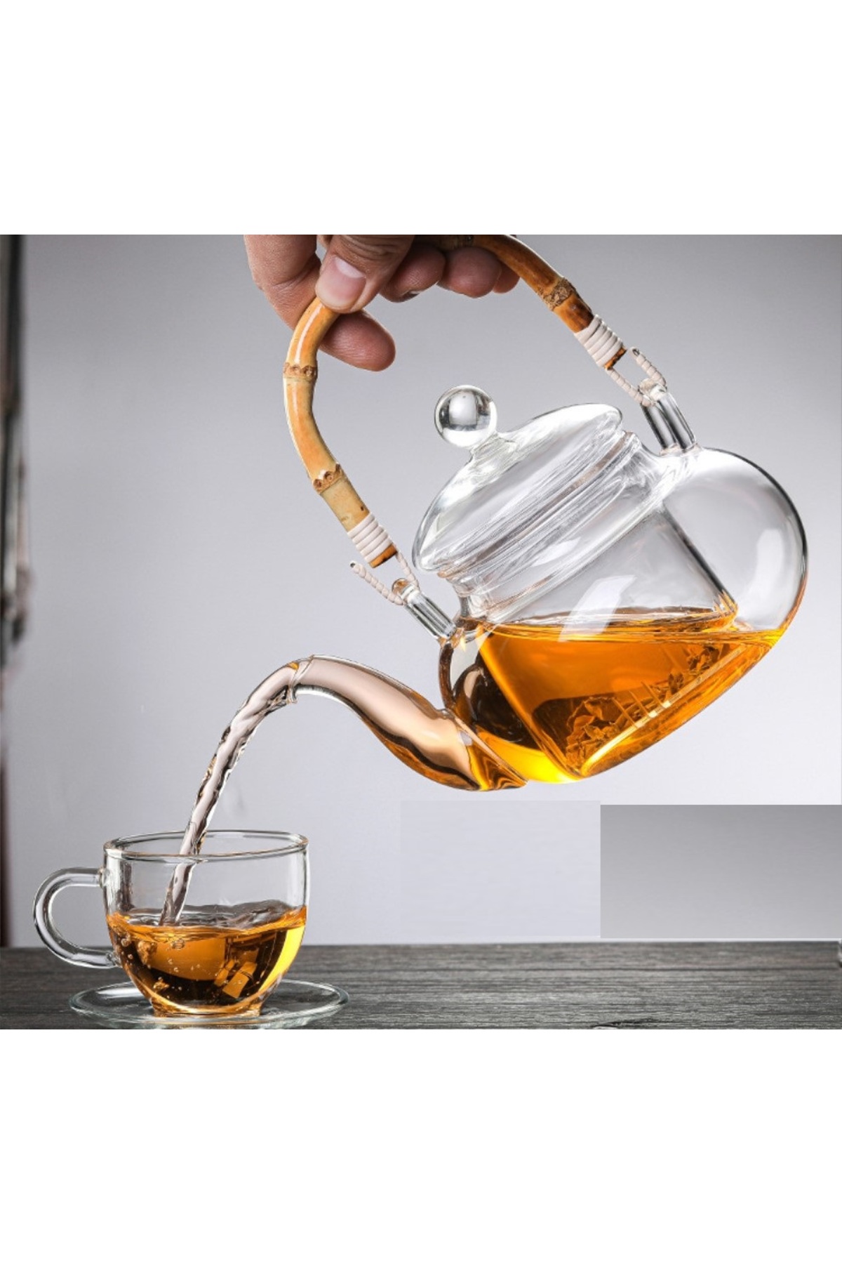 Genel Markalar Bambu Saplı Cam Süzgeçli Demlik 1000 ml (CAM BİTKİ ÇAYI DEMLİĞİ)