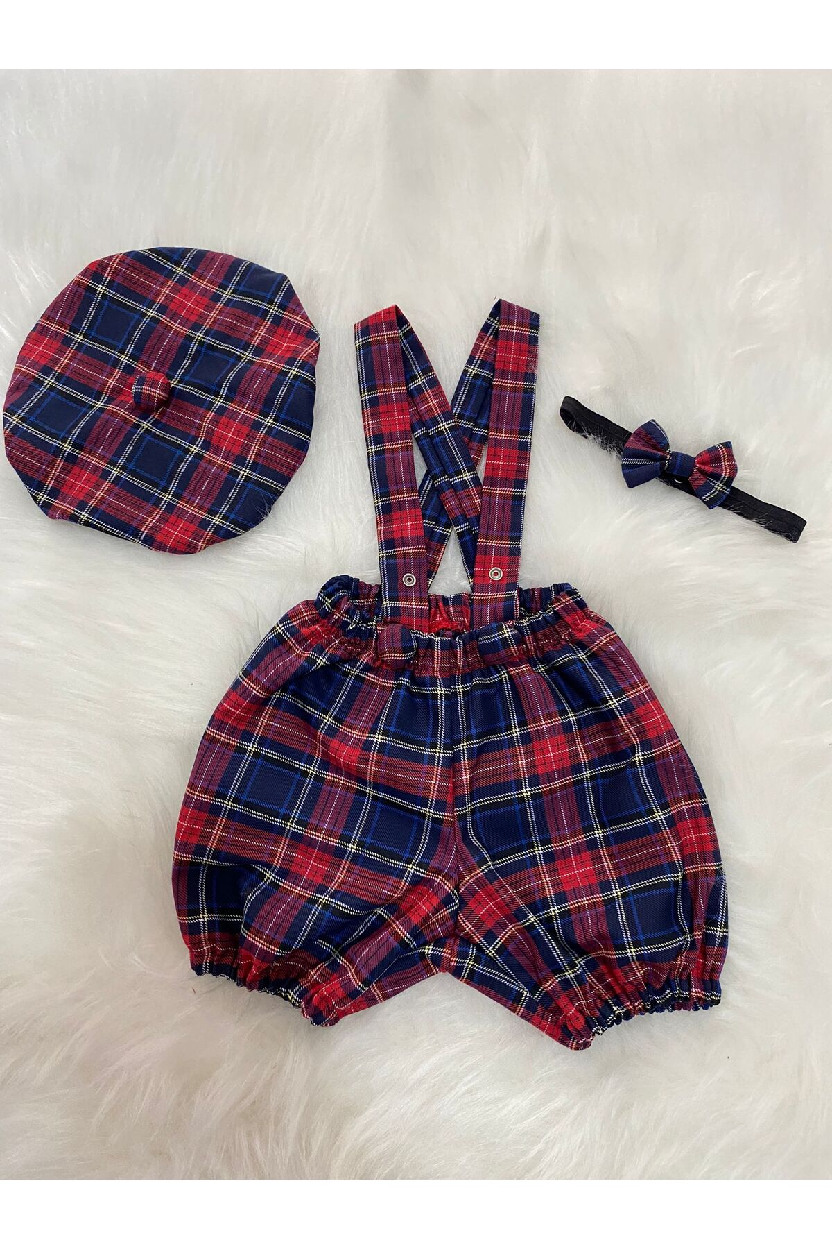 NAVY PLAID CHILDREN 'S STRAPPY SHORTS DUNGAREE & PAINTER 'S HAT & BOW TIE SET- CAKE POPPING-BIRTHDAY