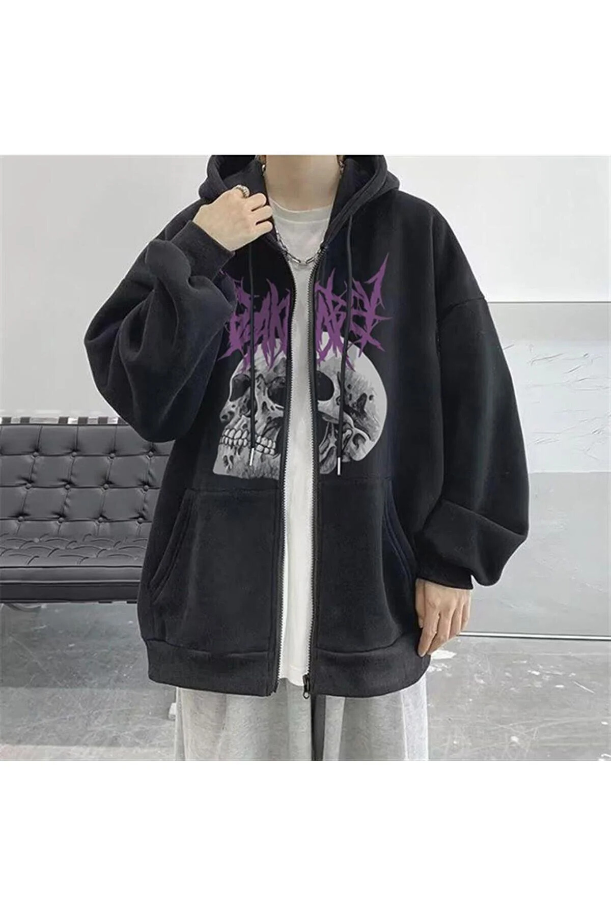 Gofeel Harajuku Deathless Skull Baskılı Oversize Fermuarlı Siyah