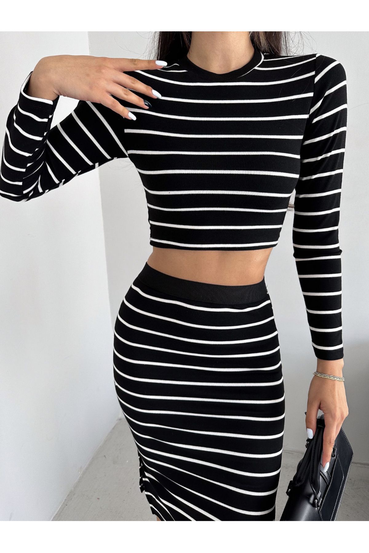 jons since 1997 Women s Black and White Striped Crop Top and Skirt Double Set Trendyol