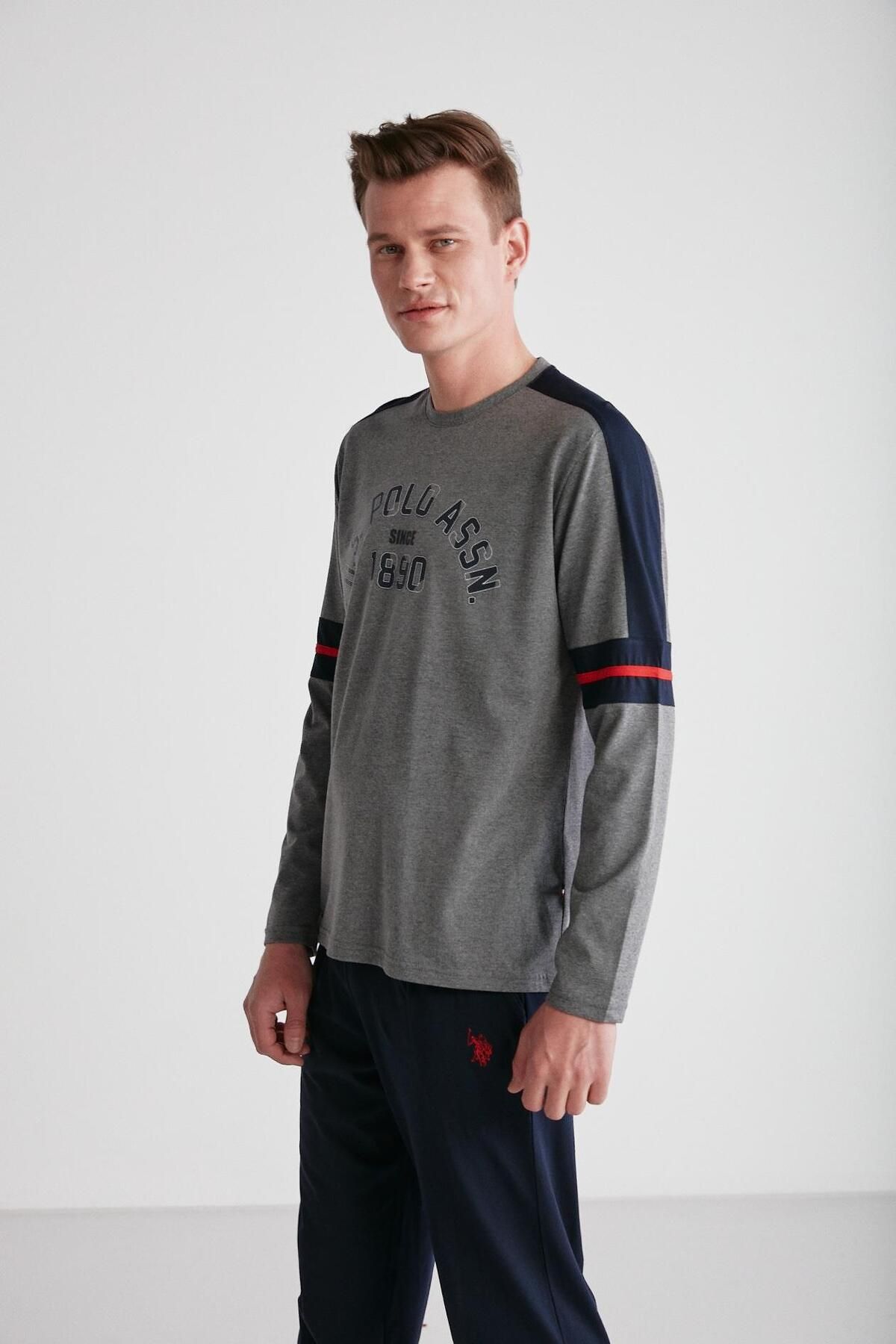 ست پیژامه خاکستری مردانه لباس خواب یقه گرد آنتراسیت ملانژ U.S. Polo Assn.