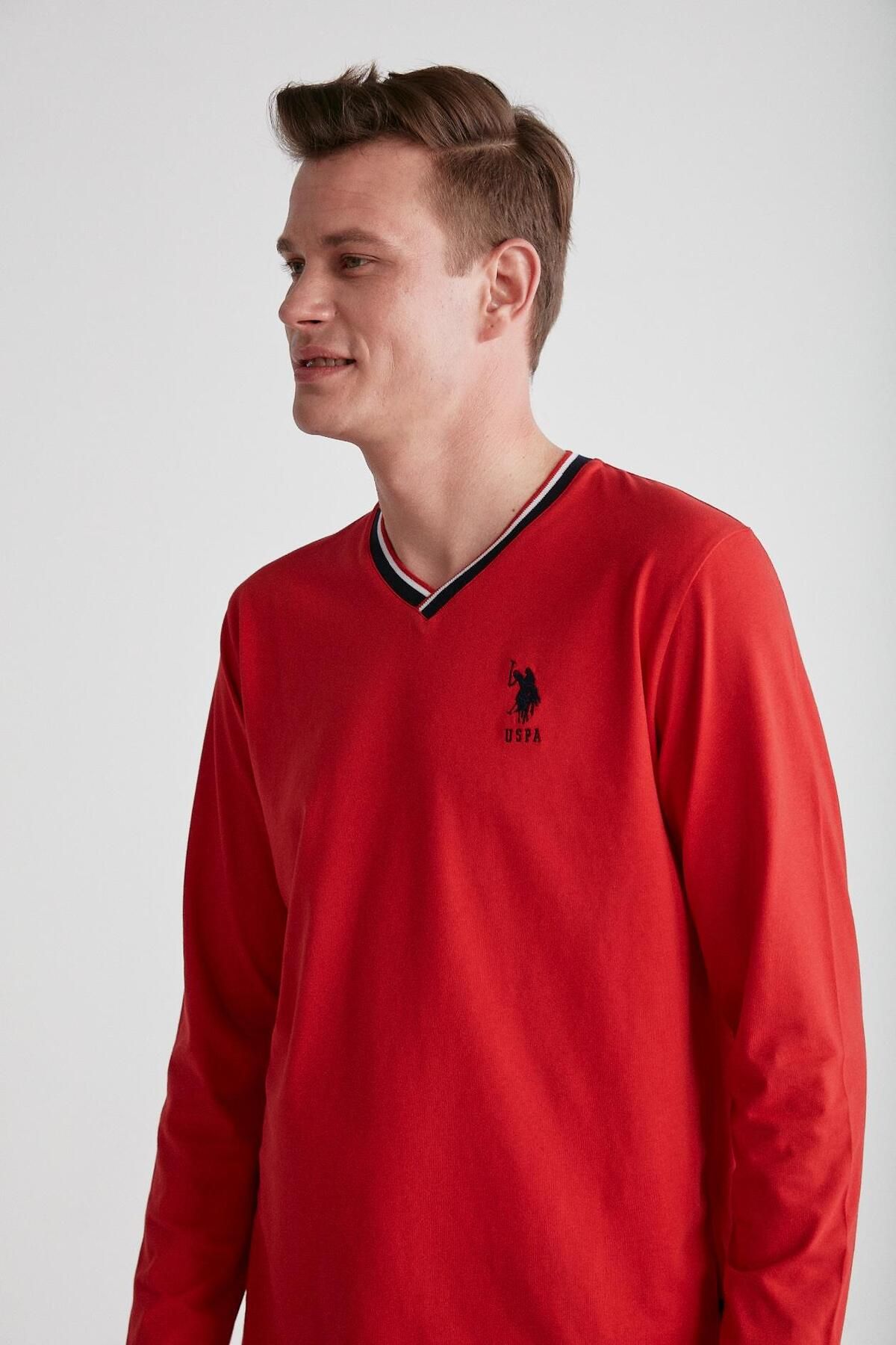 ست پیژامه قرمز مردانه لباس خواب یقه V U.S. Polo Assn.
