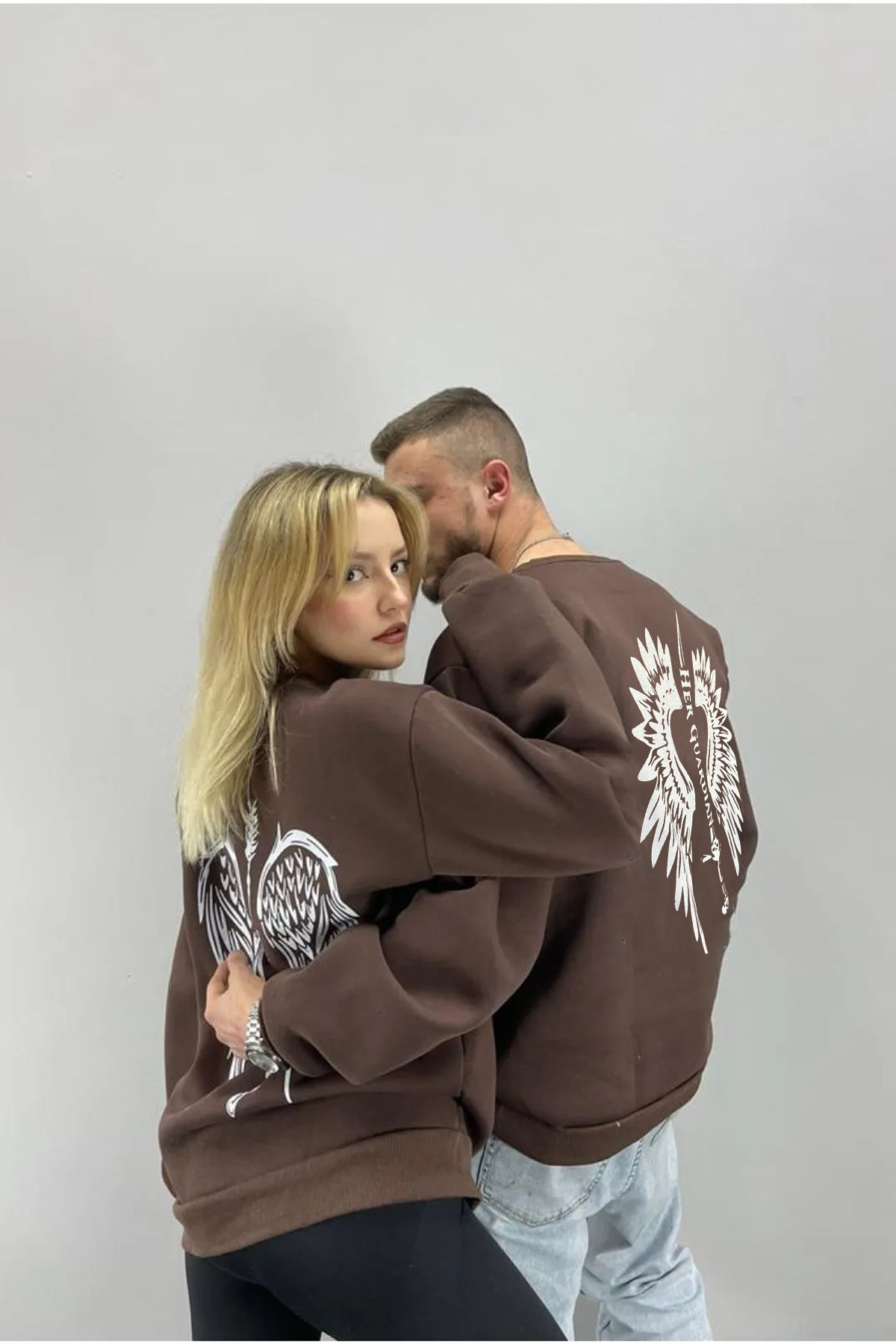 blacksokak unisex brown angel wing printed crew neck dear couple combination set of 2