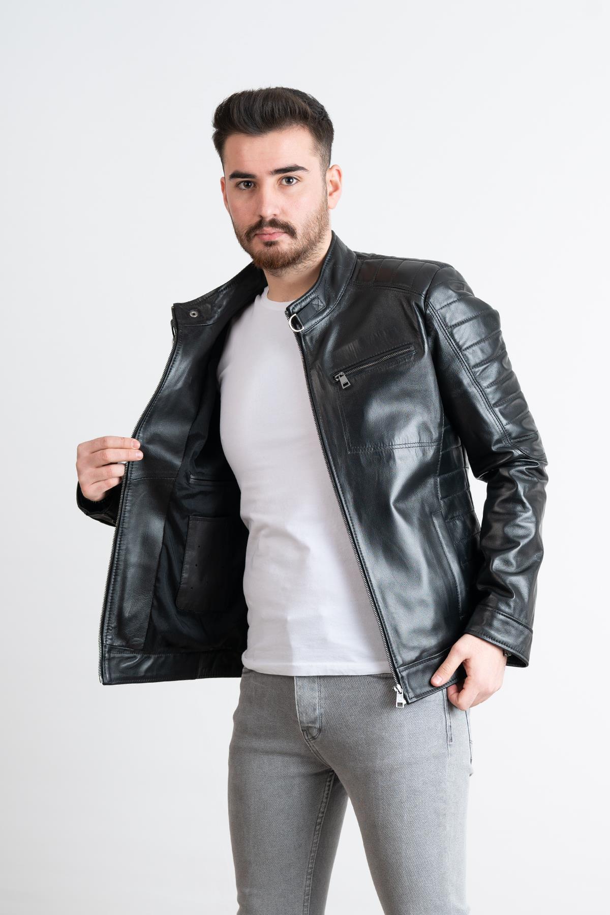 کاپشن مردانه مشکی Deri Effect | 15235624578 اورجینال - تصویر 3