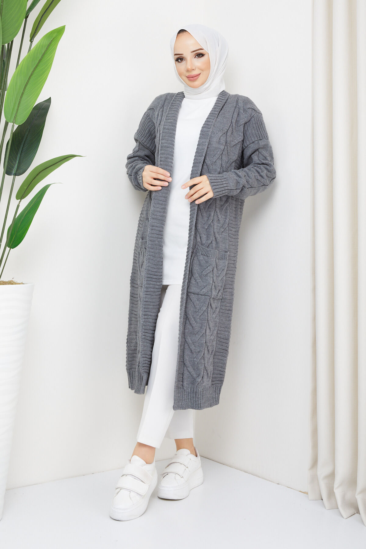 Pamuk Butik  Kadın Cepli Örgülü Triko Hırka Antrasit