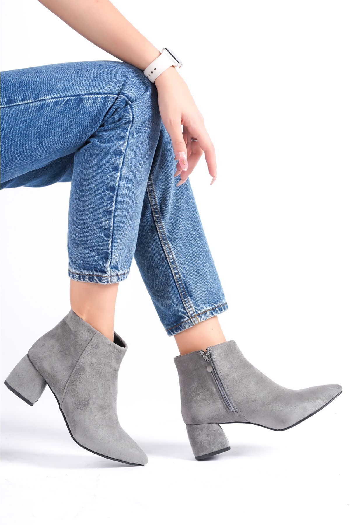 SELLA SHOES 901 Gray Suede Short Ankle Boots Trendyol