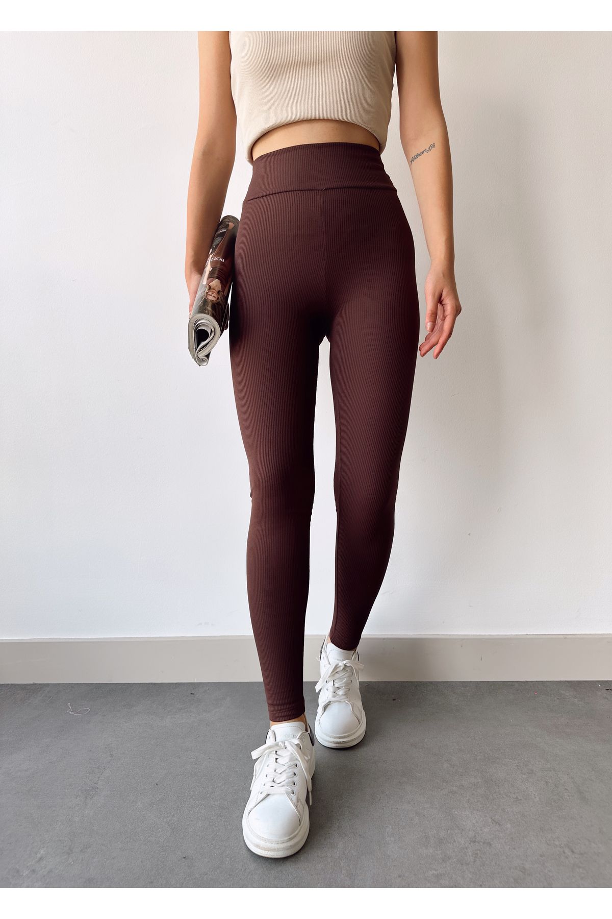schlank-Women's Brown Cotton Inside High Waist Ribbed Recovery Leggings 8