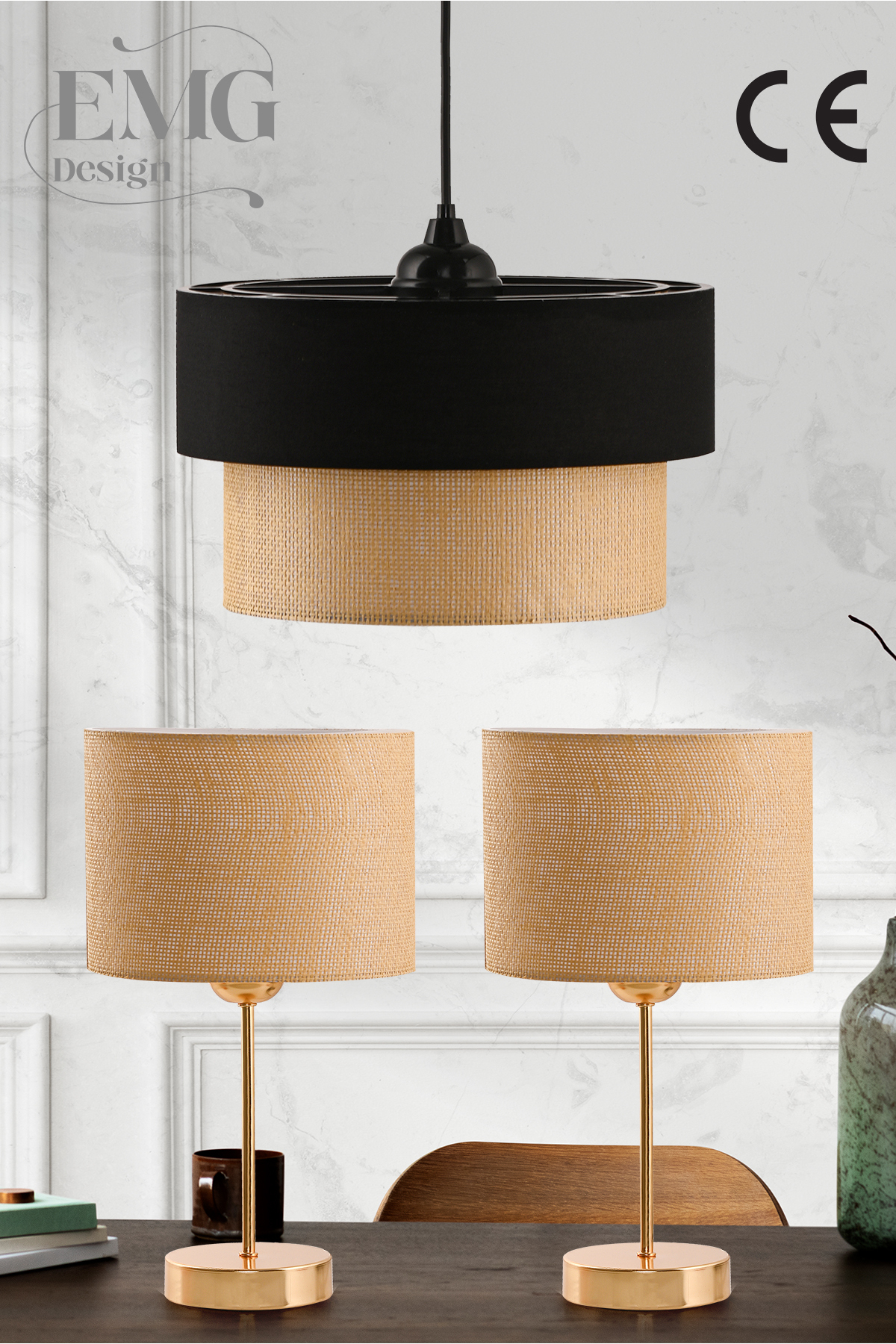 3-Piece Set Lampshade on Chandelier and Nightstand