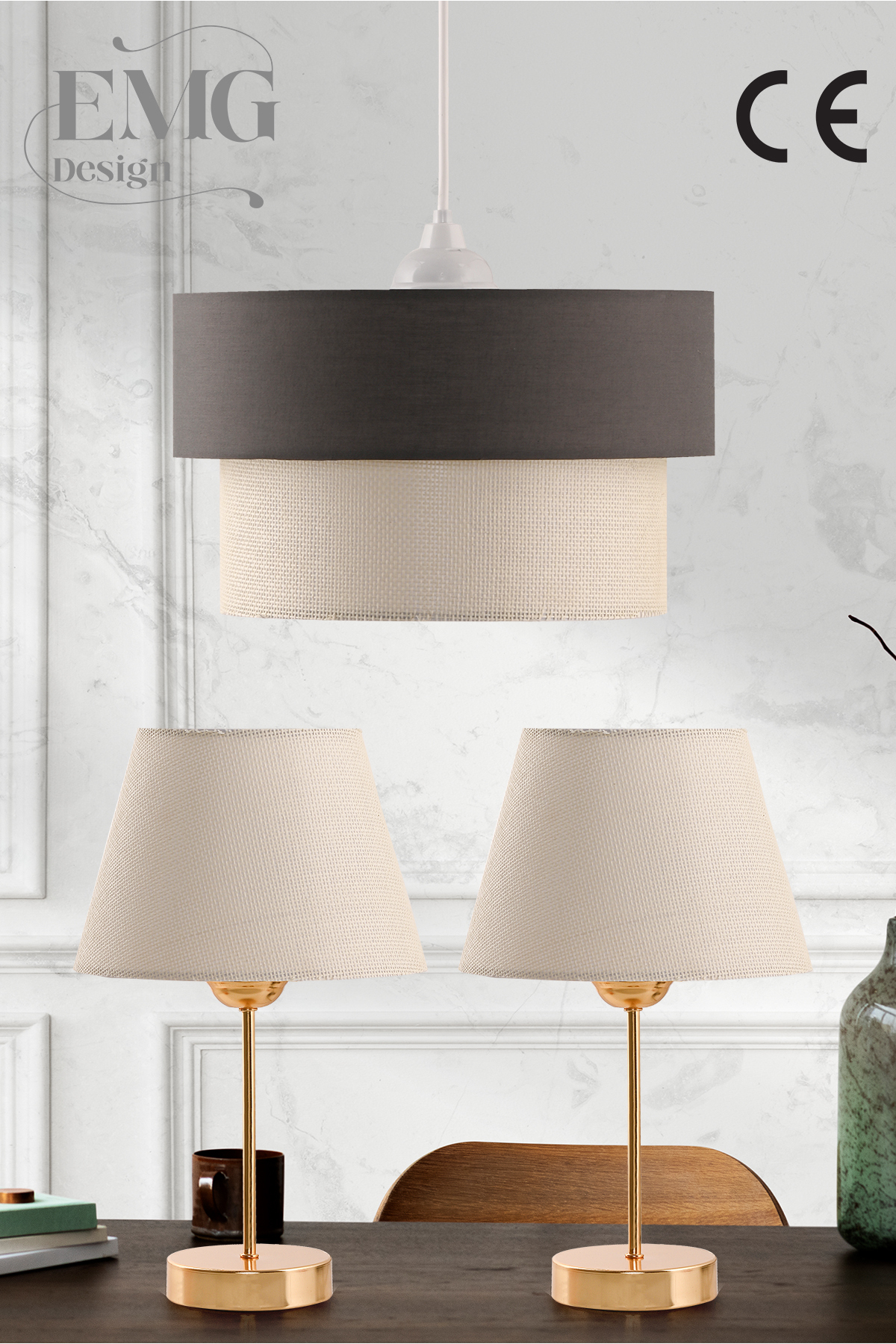 3-Piece Set Lampshade on Chandelier and Nightstand