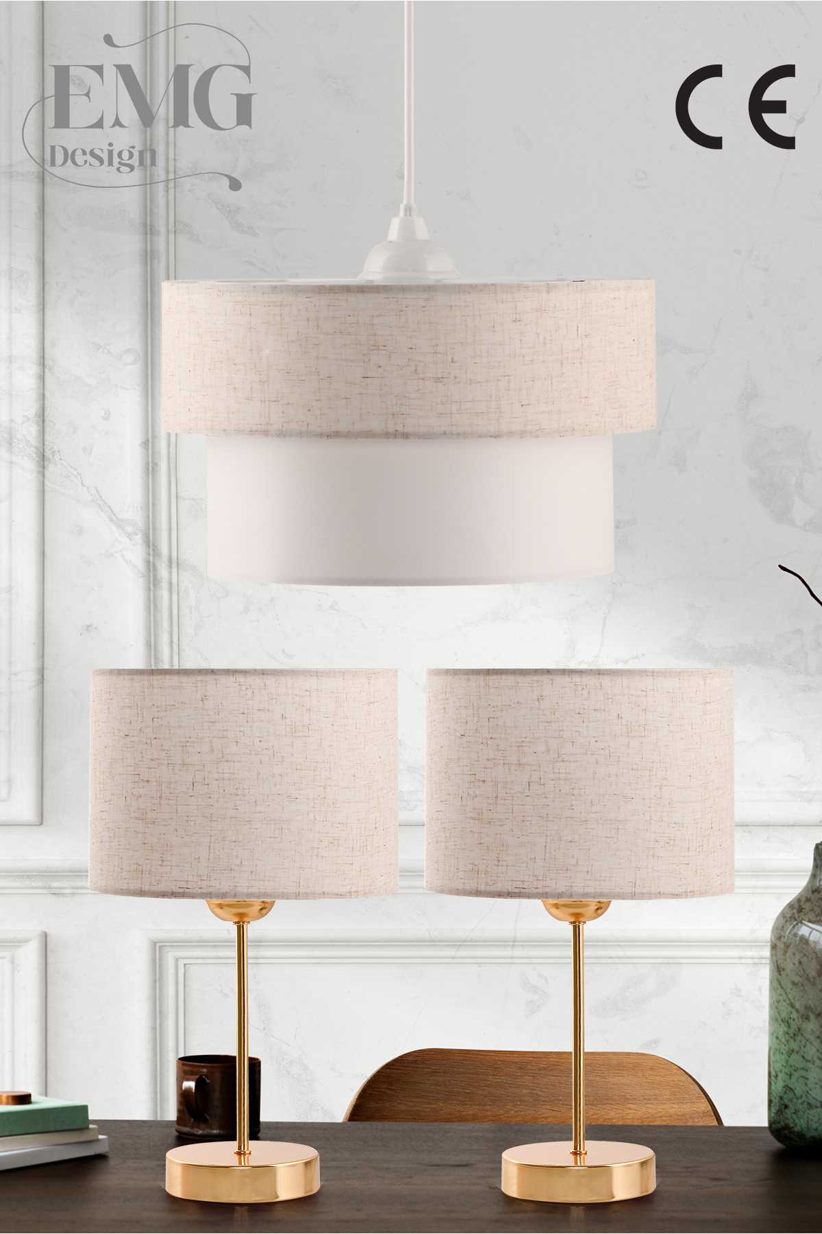 3-Piece Set Lampshade on Chandelier and Nightstand