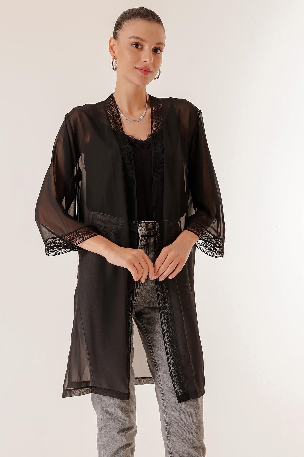 By Sayg Long Chiffon Kimono Jacket with Lace Collar and Sleeve