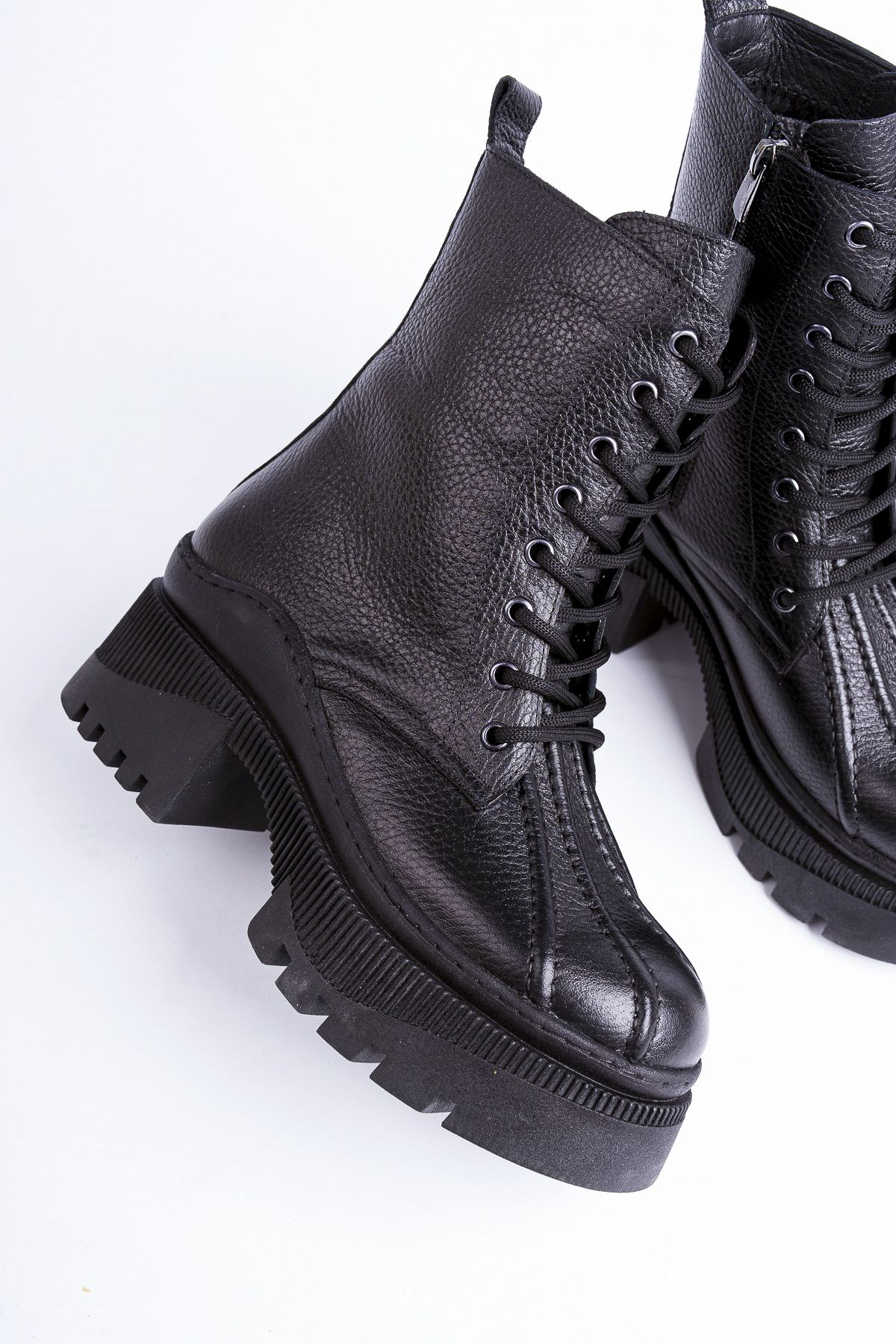 Deripabuc-Genuine Leather Black Women's Serrated Platform Sole Leather Boots Trc-3001 7