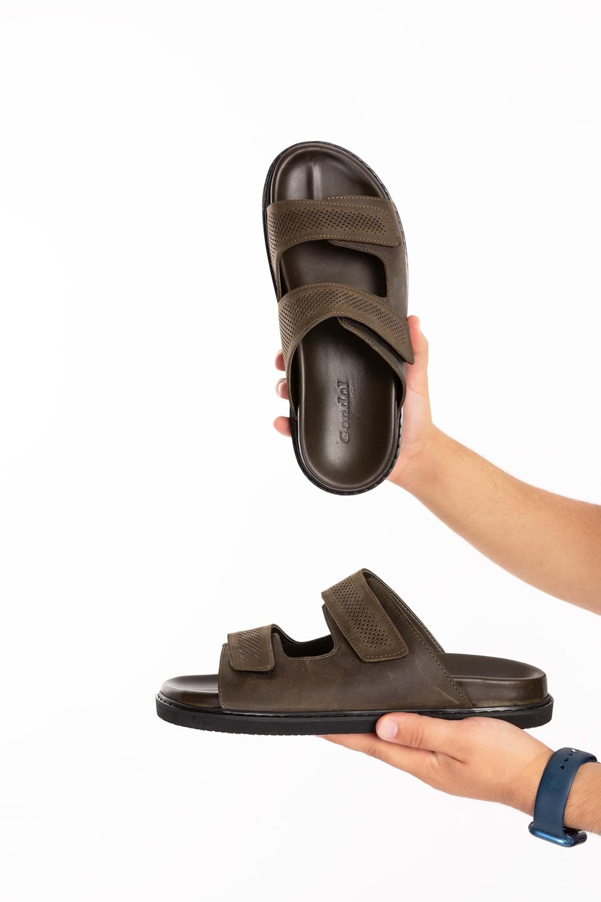 دمپایی سبز مردانه تماس واقعی چرم SLIPPER CASIPAL قابل تنظیم ESM.616 خاکی Gondol