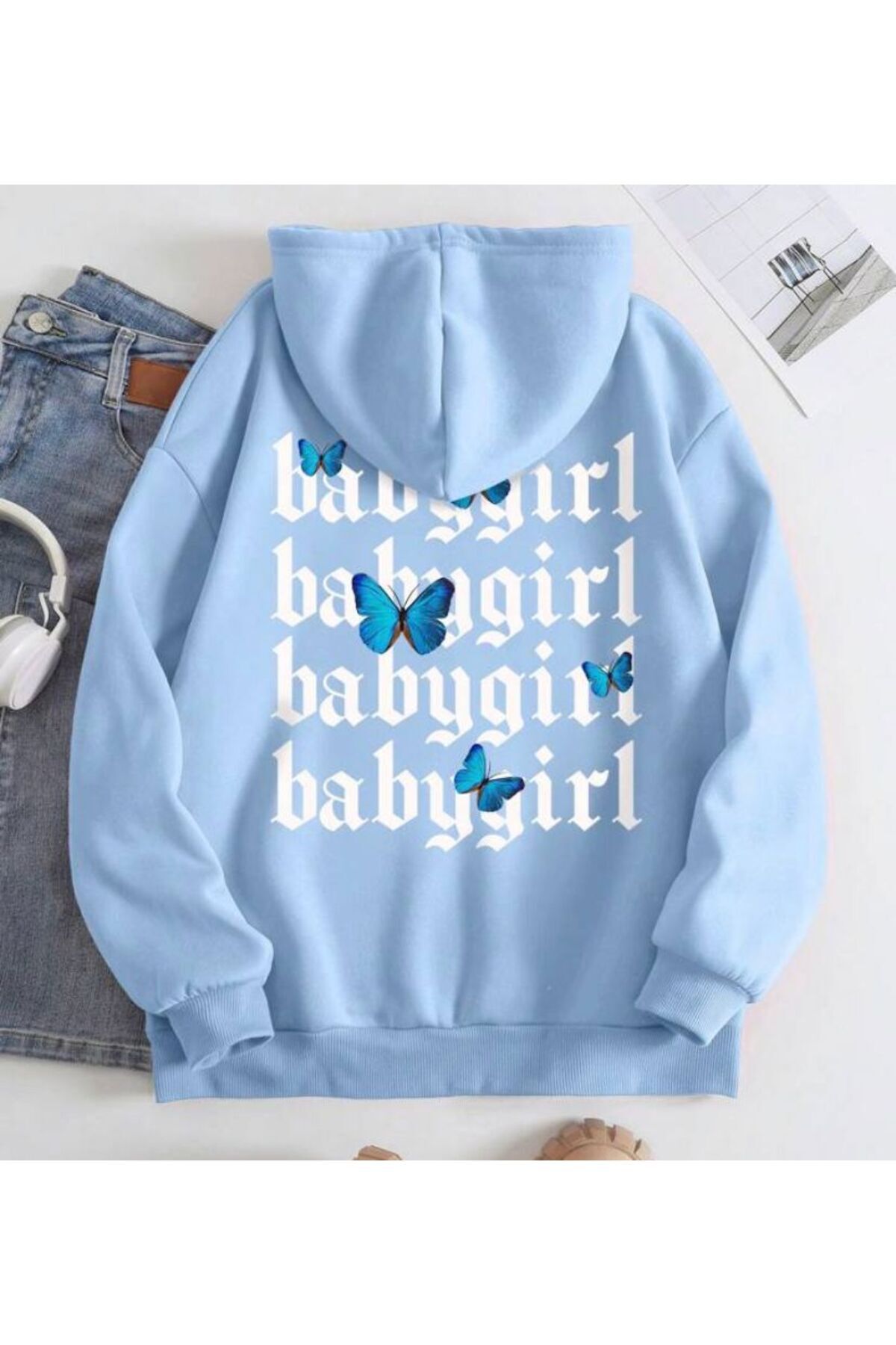 Girl Hooded Baby Girl Printed Baby Blue Sweatshirt