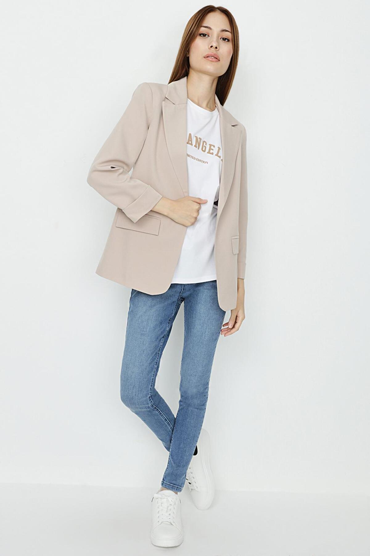 Select Moda  Kadın Taş Rengi Astarlı Dokuma Blazer Ceket - Görsel 2