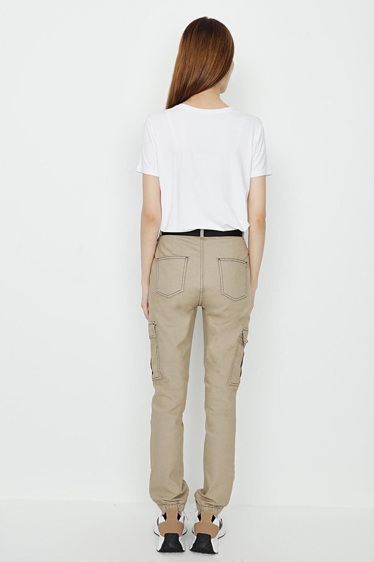 Select Moda-Pantaloni cargo de damă, bej, cu curea, cu lanț 4