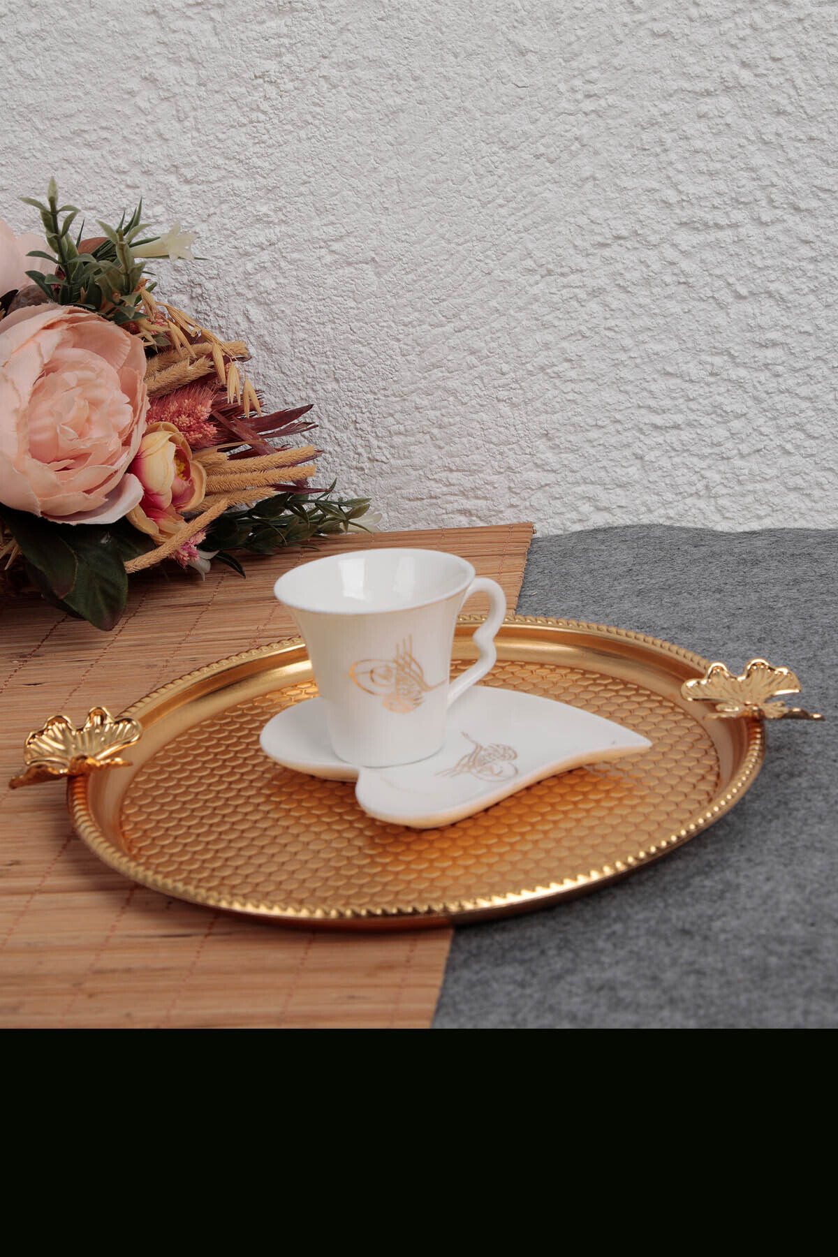 GİLLİ STORE-Stainless Steel Round Model Tea Coffee Presentation Tray with Butterfly Detail 4 Pieces 5