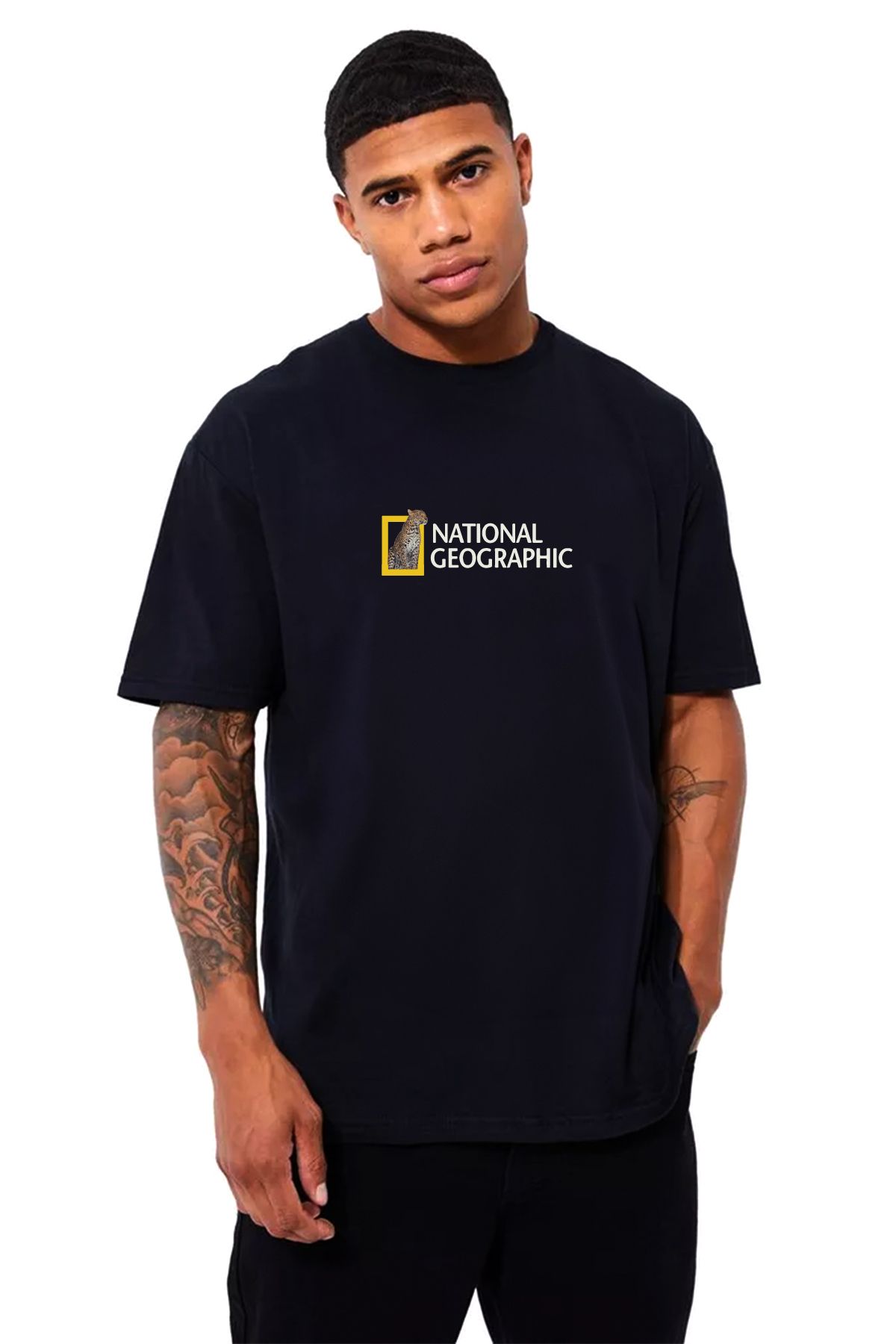 OLCMODA Black National Geographic Printed Crew Neck Cotton Oversize Women Men unisex Trendyol