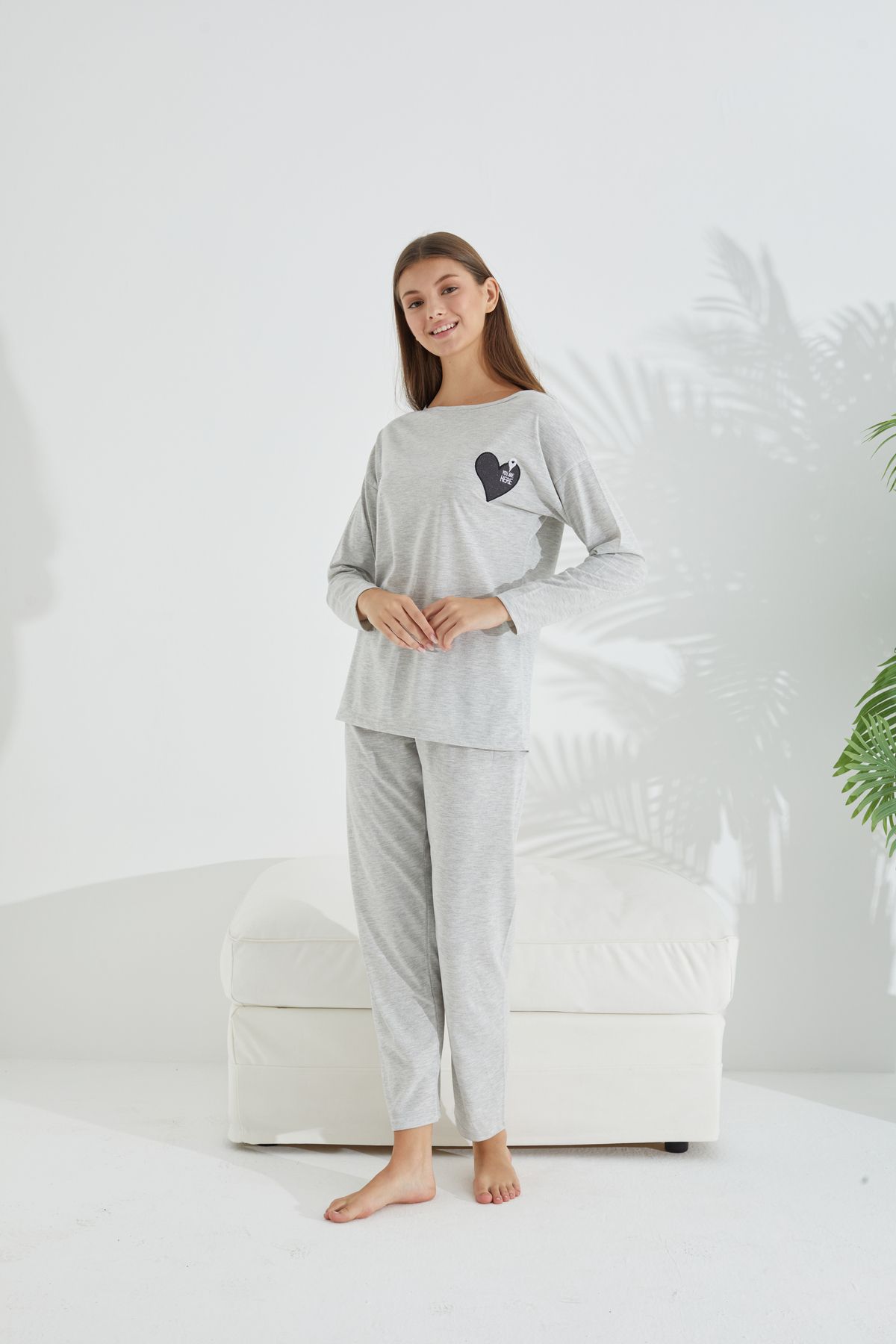 Siyah İnci-Set de pijamale tricotate din bumbac și lycra melange gri 3