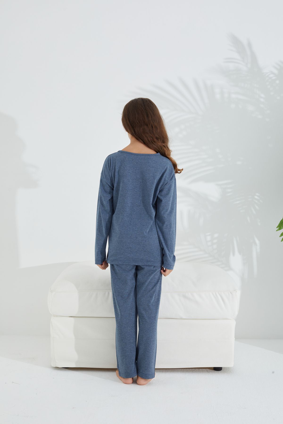 Siyah İnci-Blue melange Set de pijamale tricotate din bumbac Lycra 4