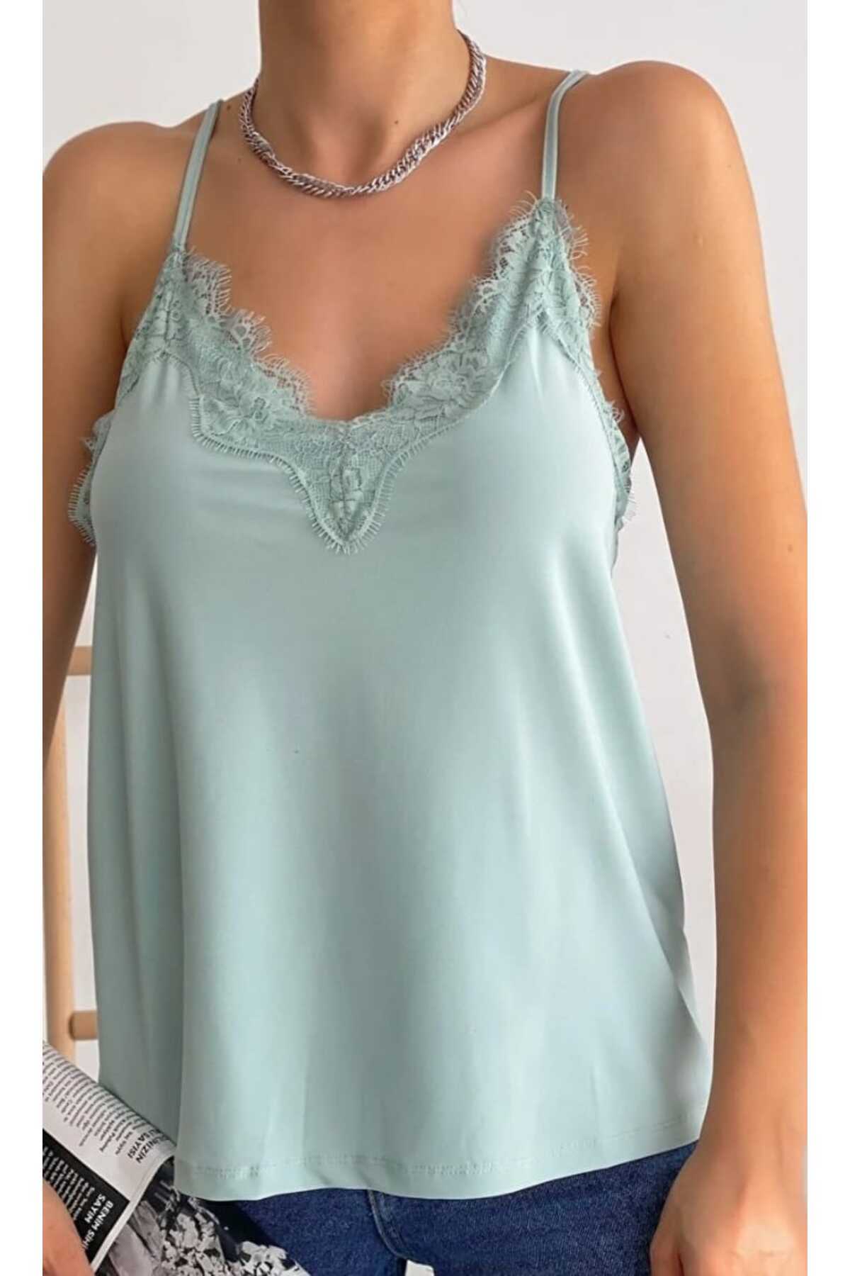 Women's Mint Sea Green Lace Adjustable Rope Strap Camisole Blouse