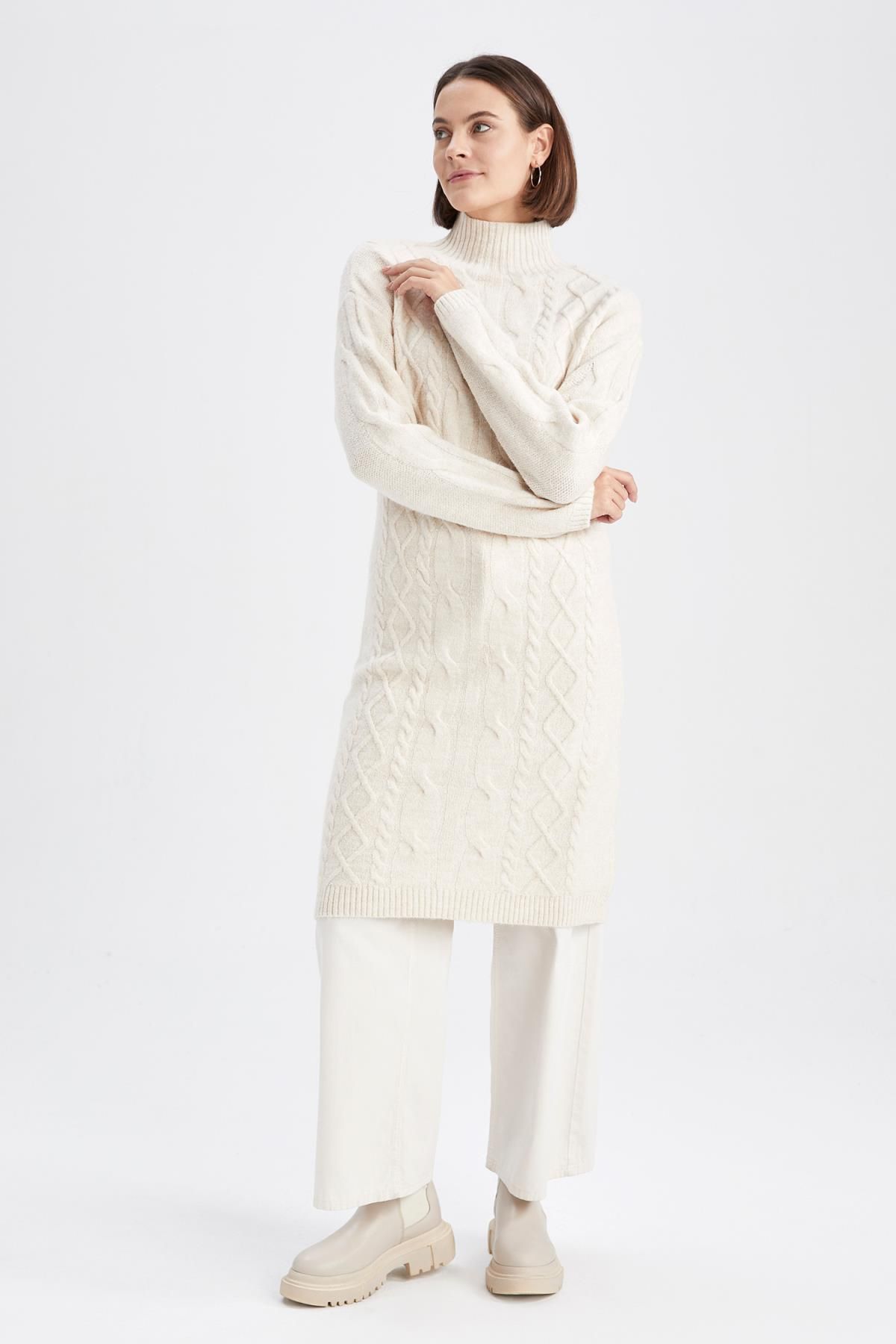 DeFacto-Regular Fit Turtleneck Knitted Patterned Midi Dress 6