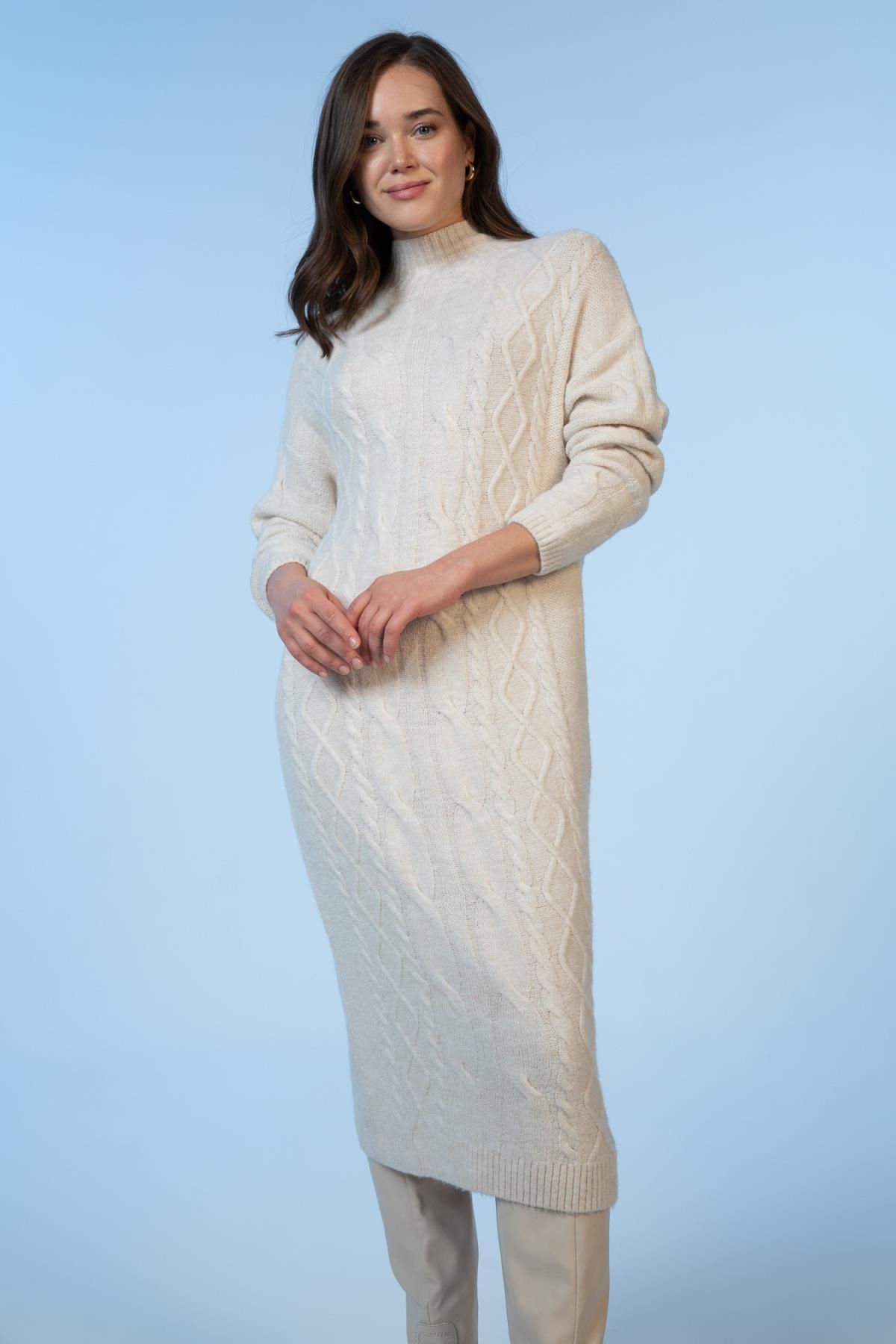 DeFacto-Regular Fit Turtleneck Knitted Patterned Midi Dress 2