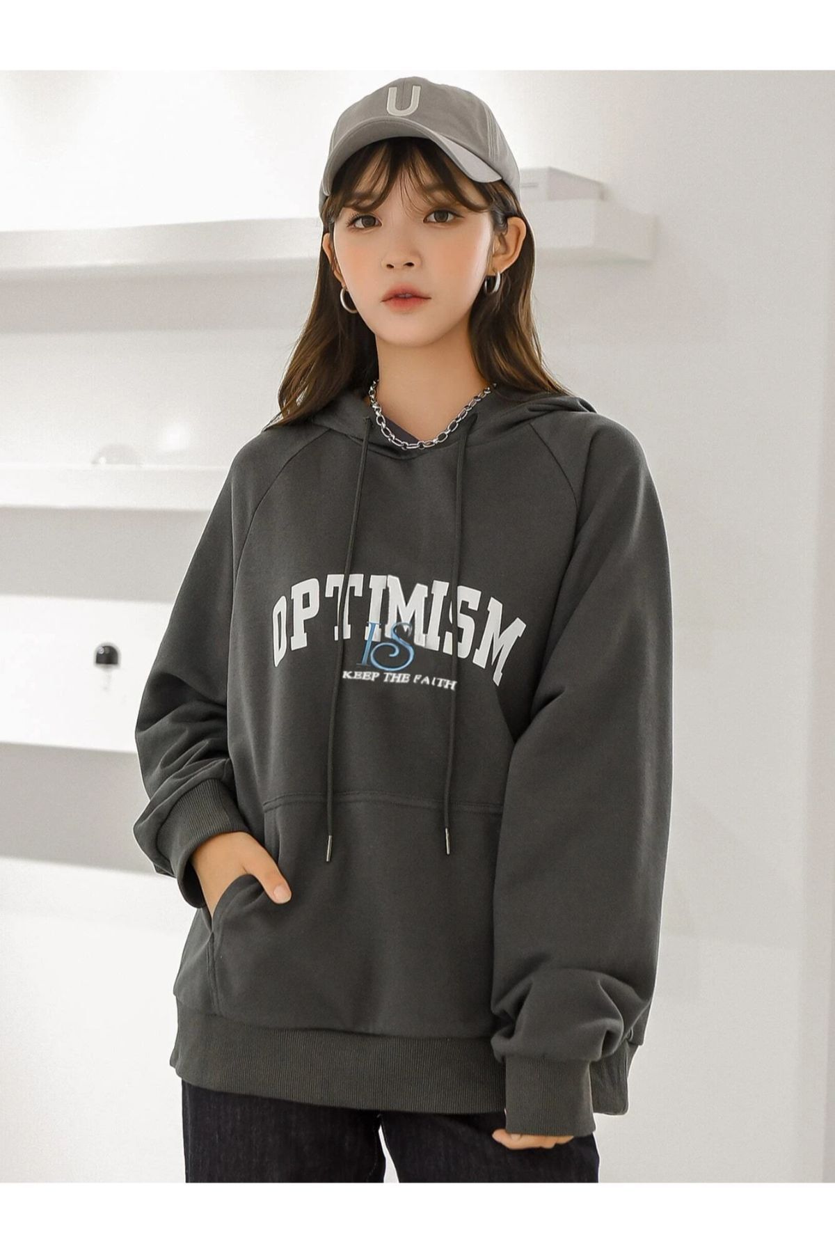 Dark gray hoodie women's top