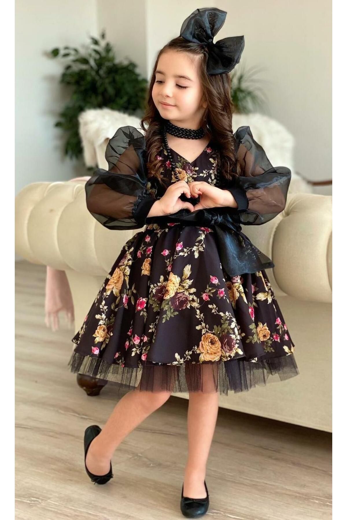 Riccotarz-Rochie tutu cu flori negre pentru fete 4