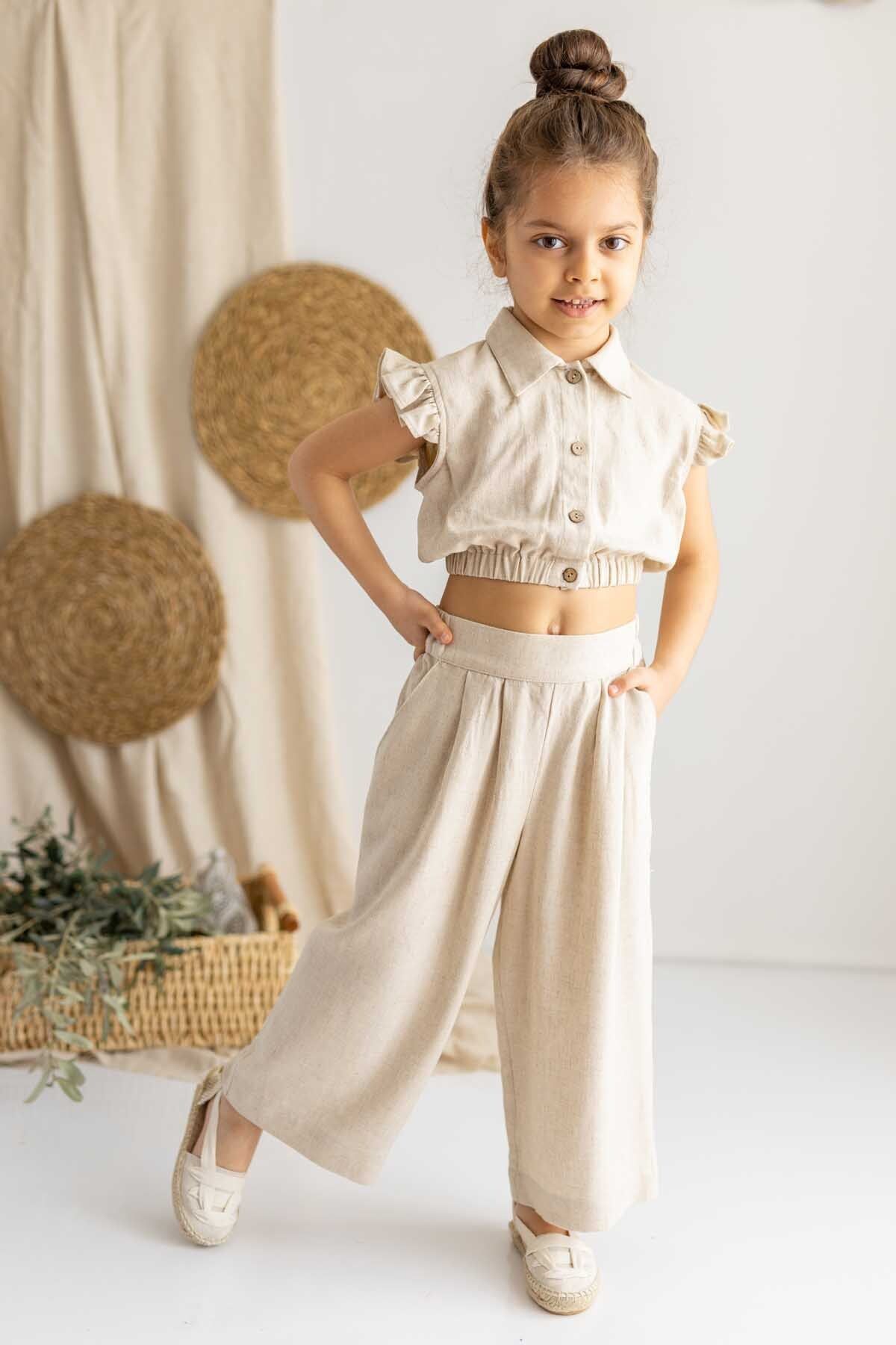 Oliven The Kid Beige Linen Pleated Side Elastic Pocket Wide Leg Girls Trousers