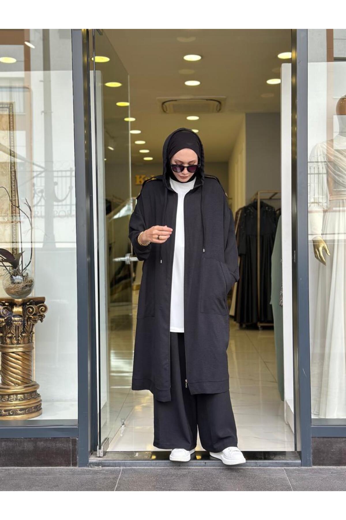 NS Moda-Hijab Zippered Cap, Trousers Set Black Model-439 6