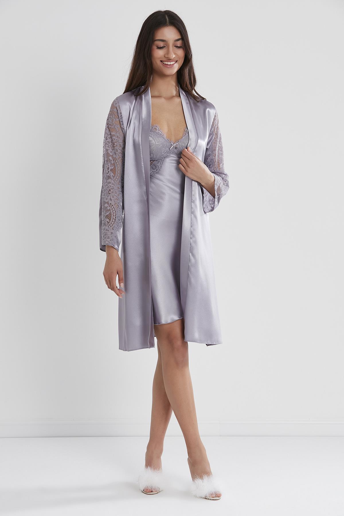 Pierre Cardin Saten Dantelli Gecelik Ve Sabahlık Takımı - 4025