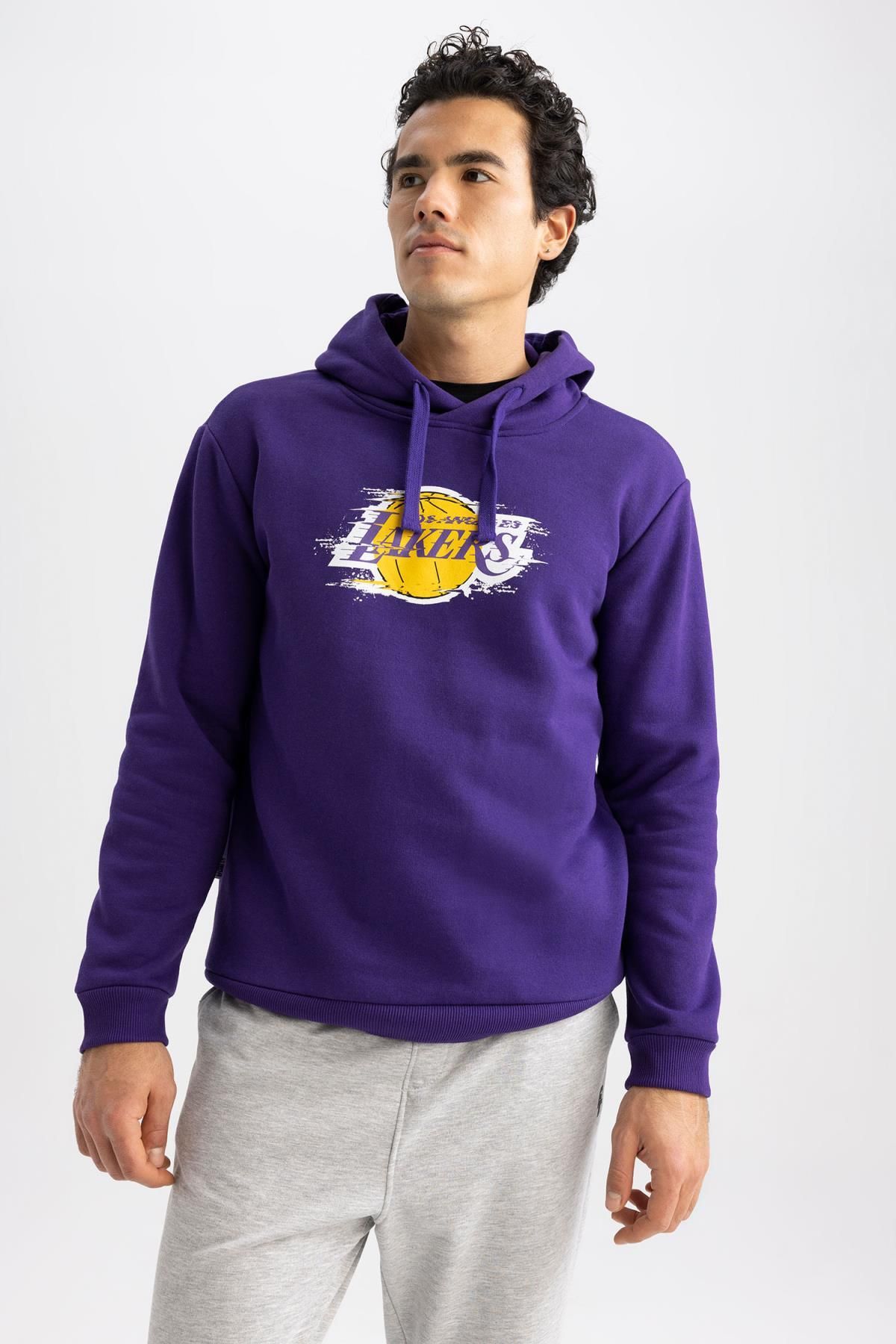 Defacto LA NBA Lakers Short Sleeve Hooded Cotton Sweatshirt Black