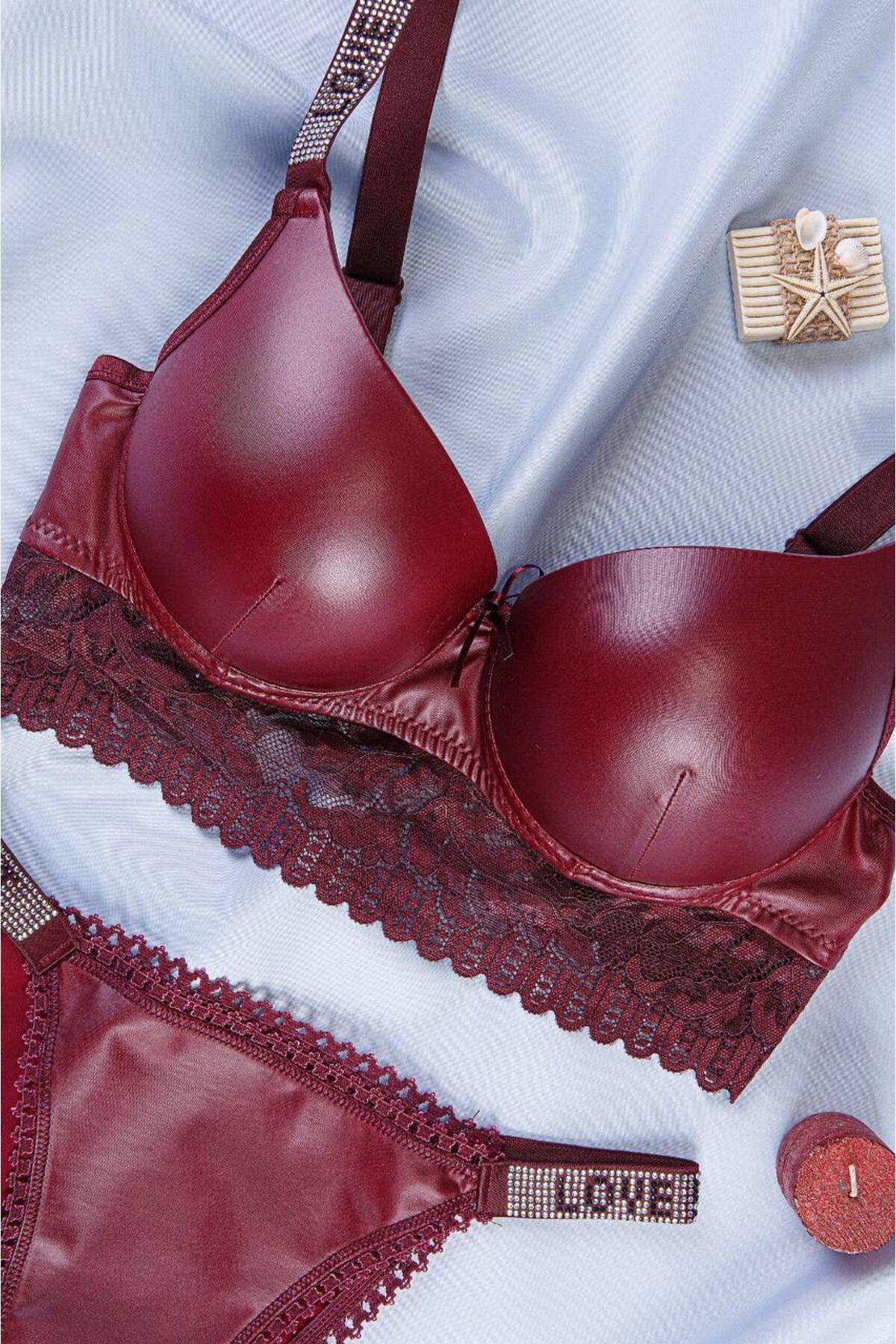 Meba Red Love Secret Stoned Leather Detailed Padded Bra Set - Trendyol