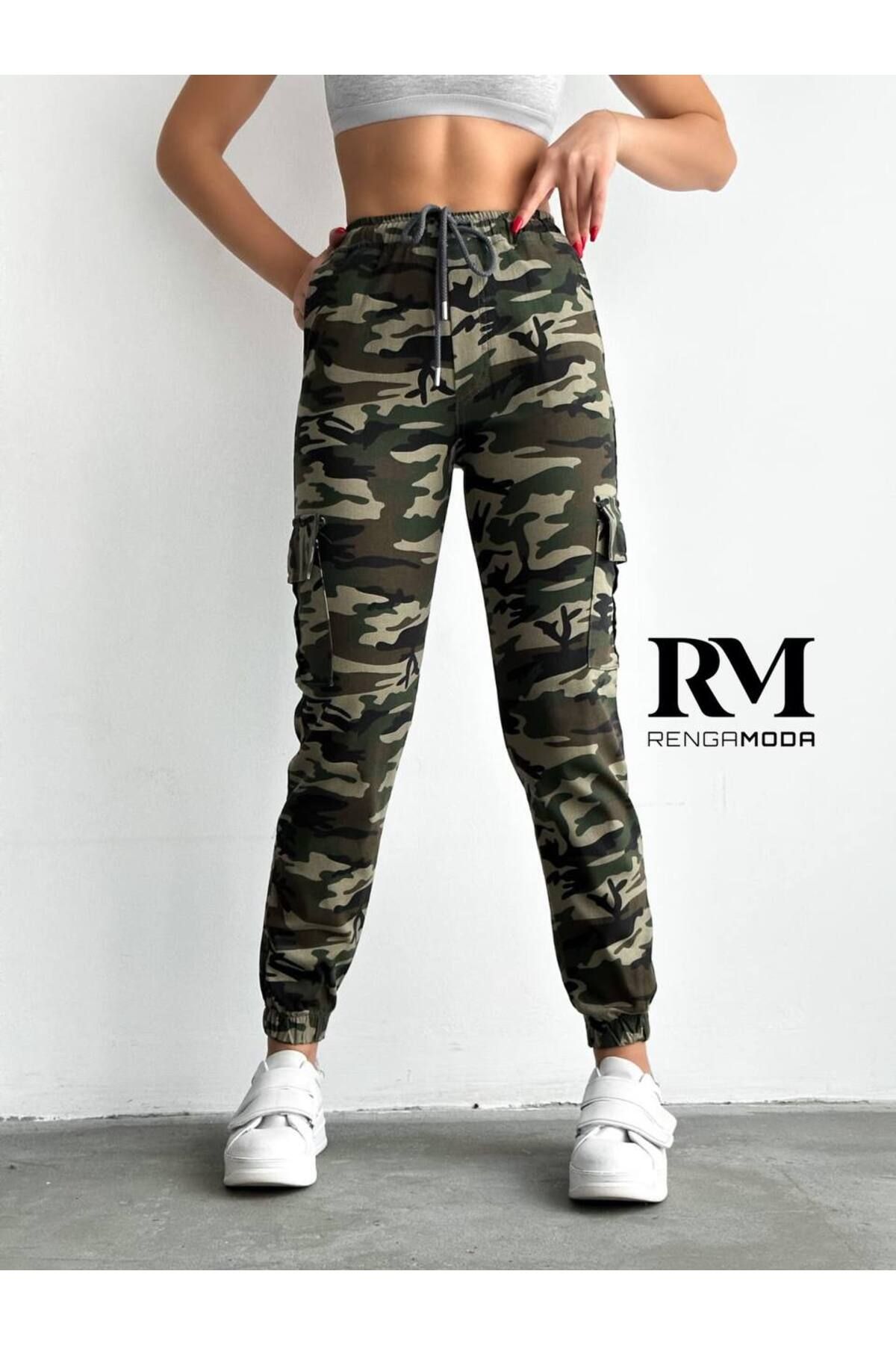 Esinty-Pantaloni cargo de damă, camuflaj, cu talie elastică, model de camuflaj 3