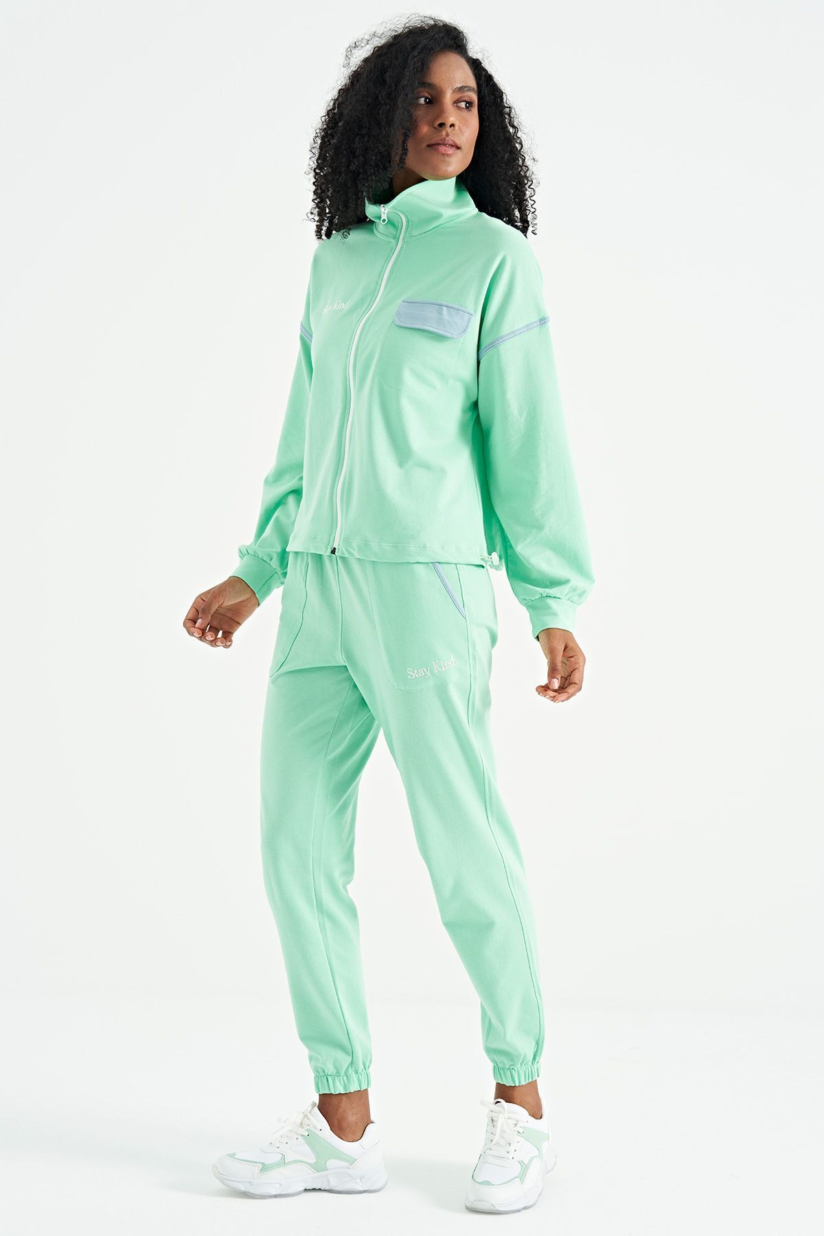 Veryperi Aqua Green High Collar Zippered Neon Detailed Oversize