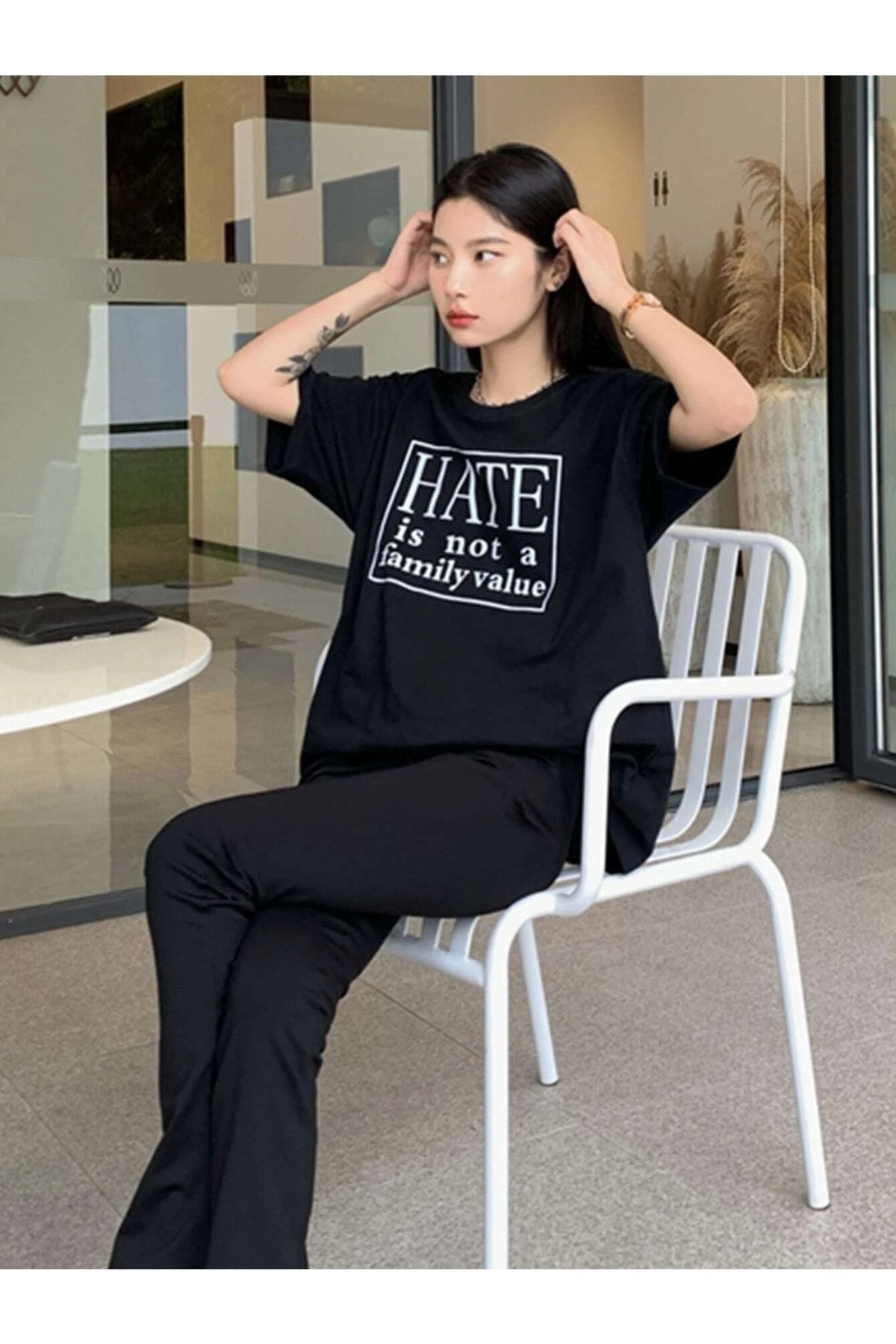 Black Sokak-Blacksokak Women's Black Hate Printed Crew Neck Tshirt 3