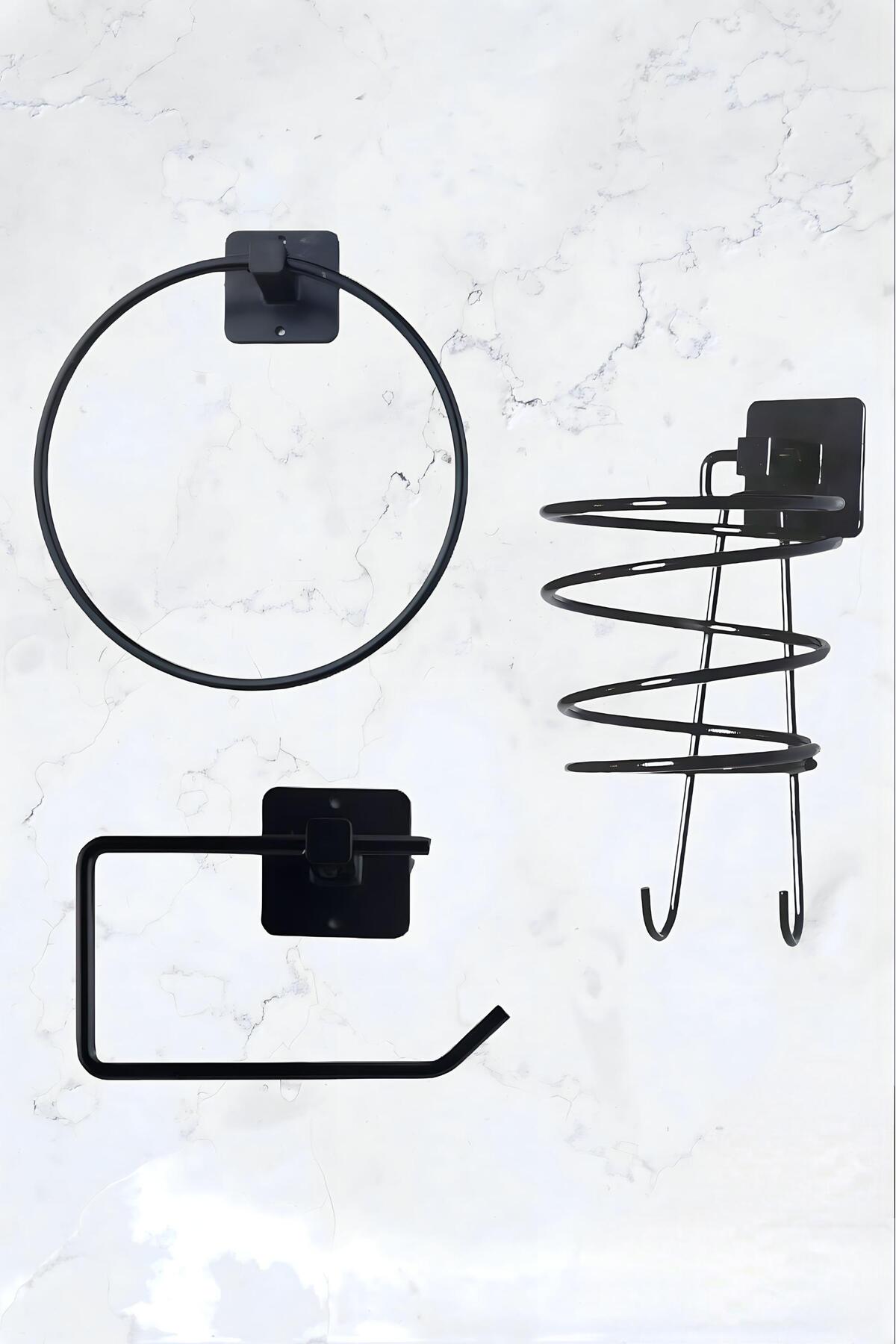 Adhesive 3-Piece Black Hair Dryer Hanger Toilet Toilet Paper Holder Round Towel Holder Practical Bathroom Set