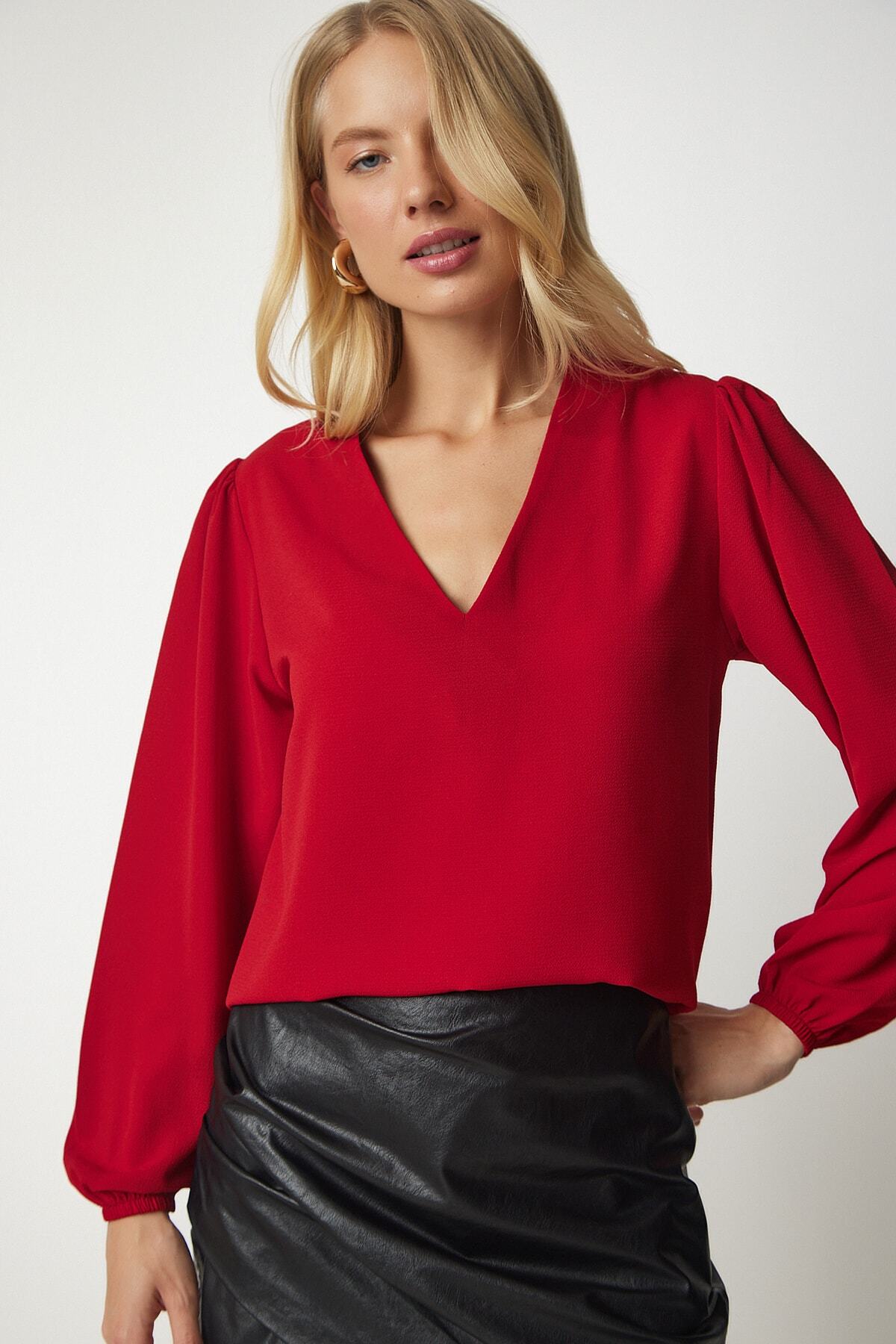 Happiness İstanbul-Women's Red V-Neck Crepe Blouse UB00153 3
