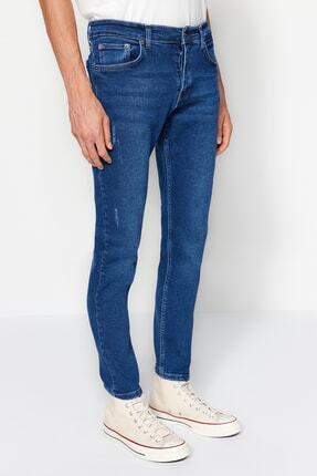 TRENDYOL MAN Erkek Lacivert Slim Fit Tırmık Destroylu Jeans Kot Pantolon