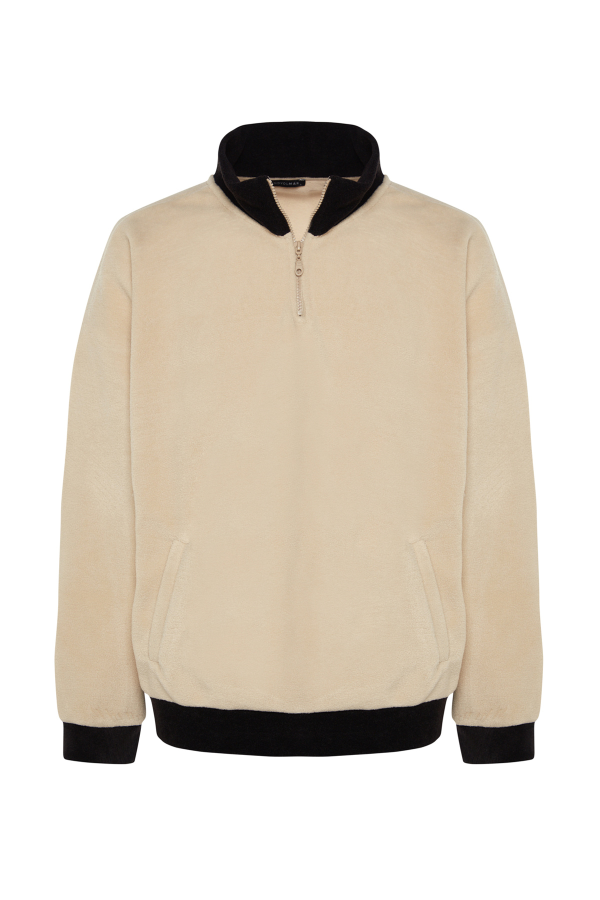 Trendyol Collection-Béžová oversize fleecová mikina proti žmolkování - poloviční zip, stojáček Tmnaw24Sw00036 7