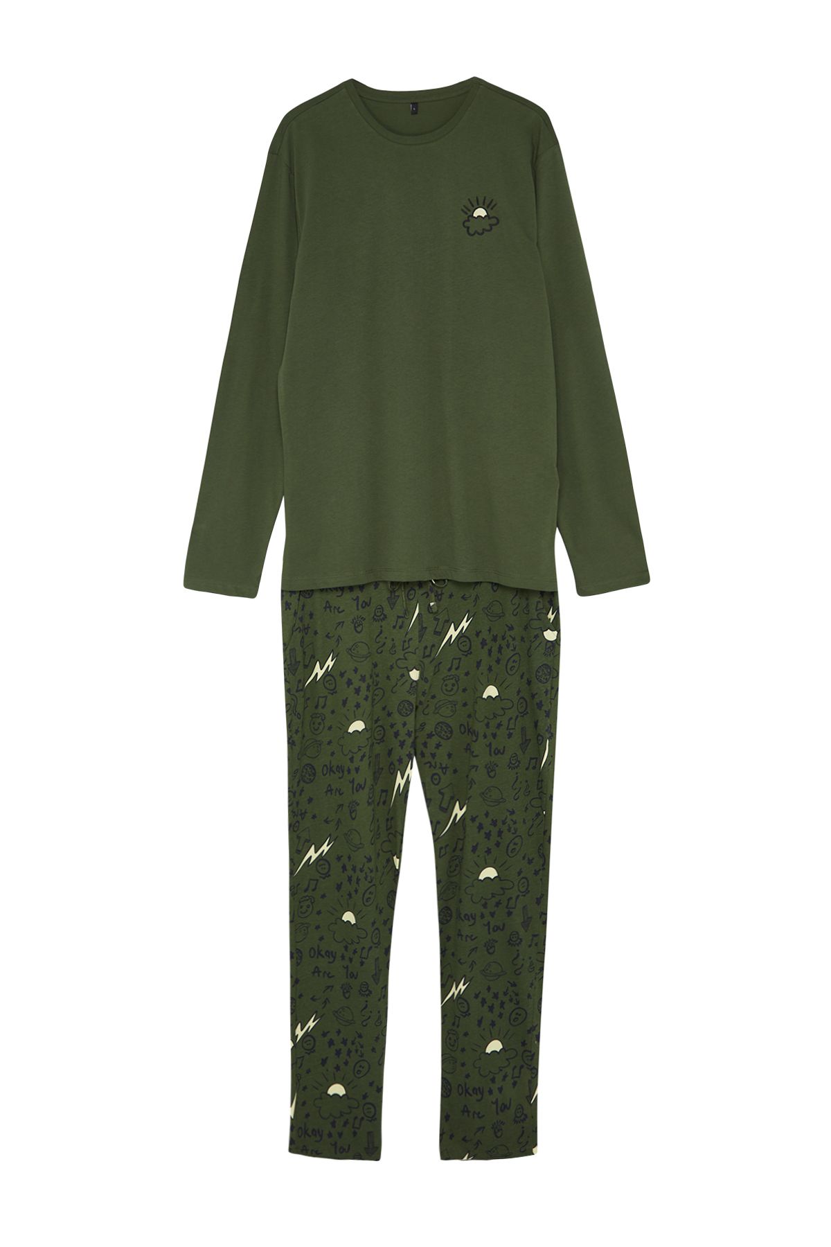 Trendyol Collection-Set de pijamale tricotate cu broderie kaki pentru bărbați - 100% bumbac TMNAW24PT00025 6