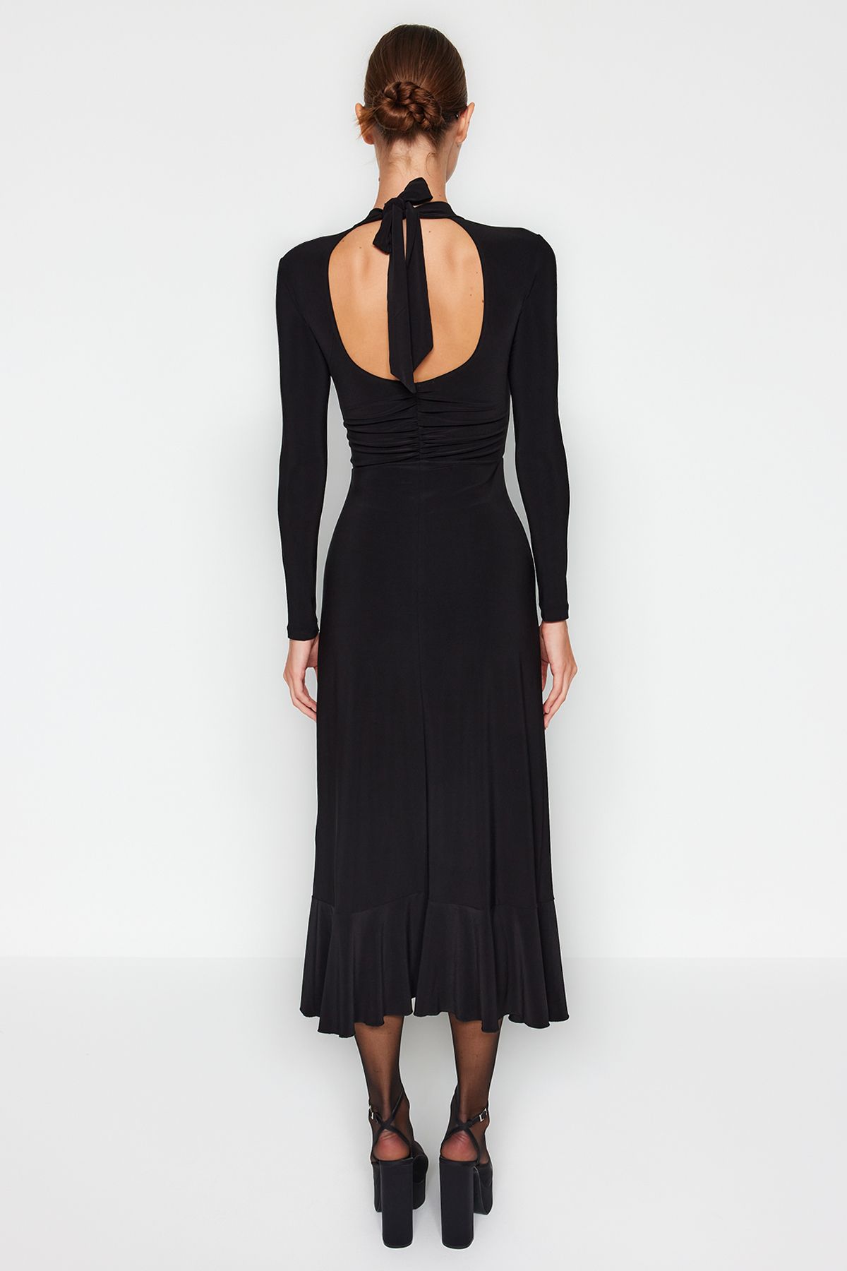 Trendyol Collection-Rochie maxi tricotată elastică - decolteu cu spatele, fustă cu volan, guler vertical - TWOAW24EL00380 6