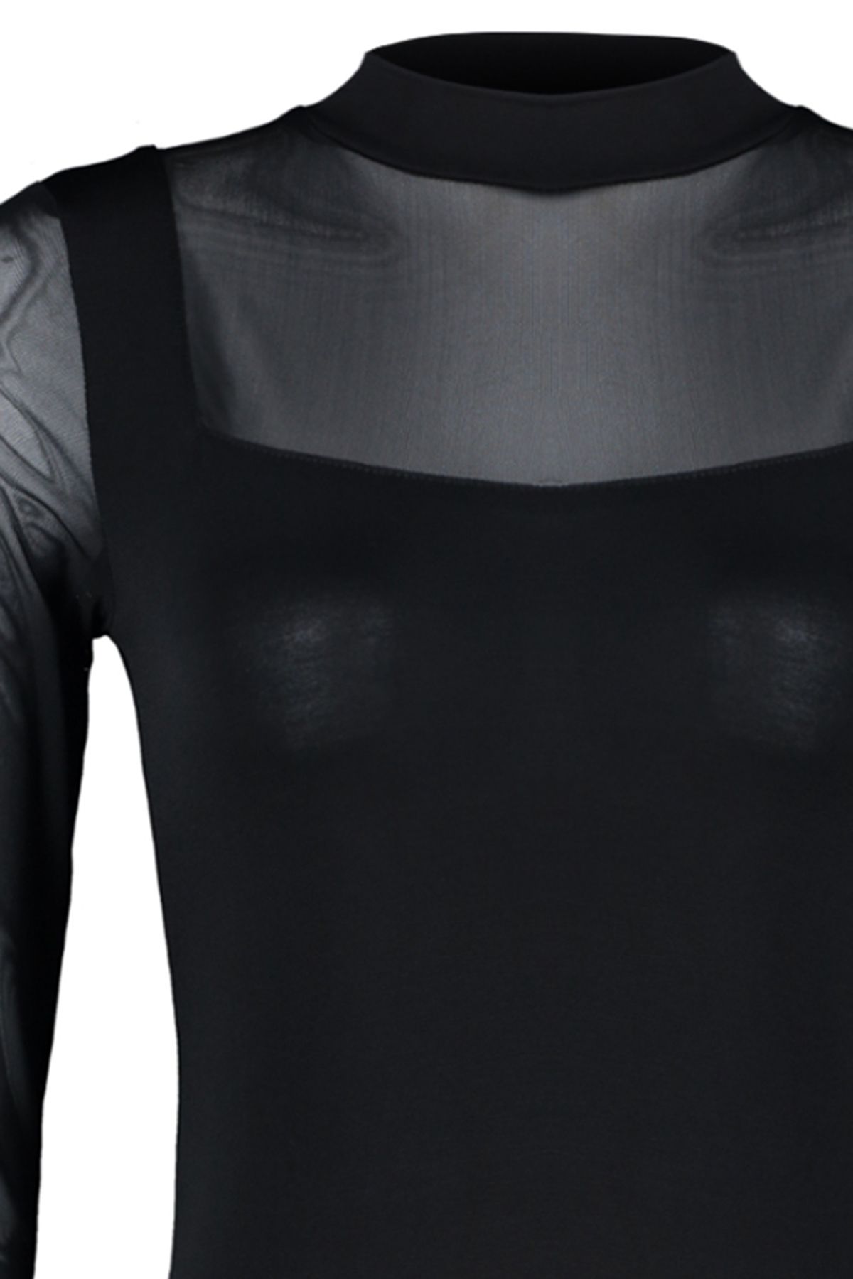 Trendyol Collection-Schwarzer schmaler, langärmliger Stretch-Strickbody mit Druckknopfverschluss und Tülldetail TWOAW24BD00049 7