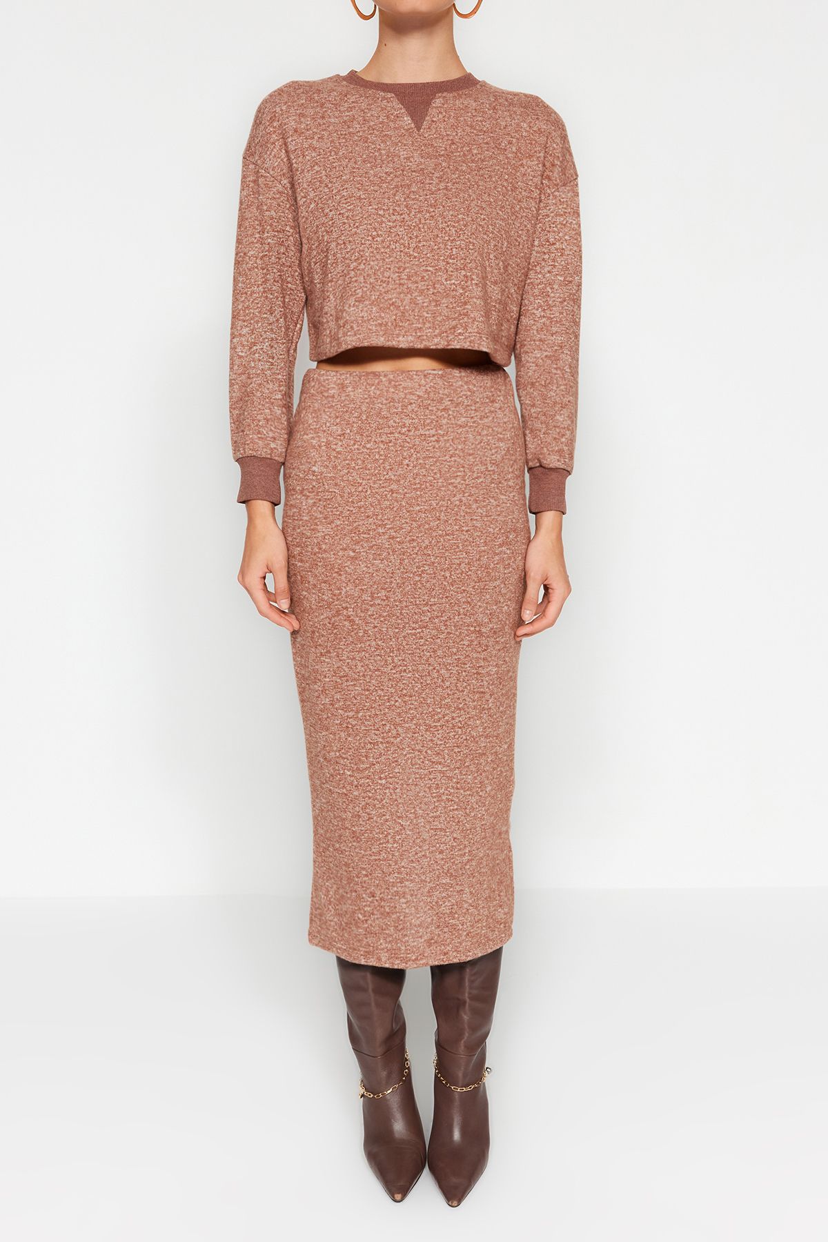 Trendyol Collection-Camel Soft Fabric Knitted Top and Bottom Set TWOAW24AU00071 4