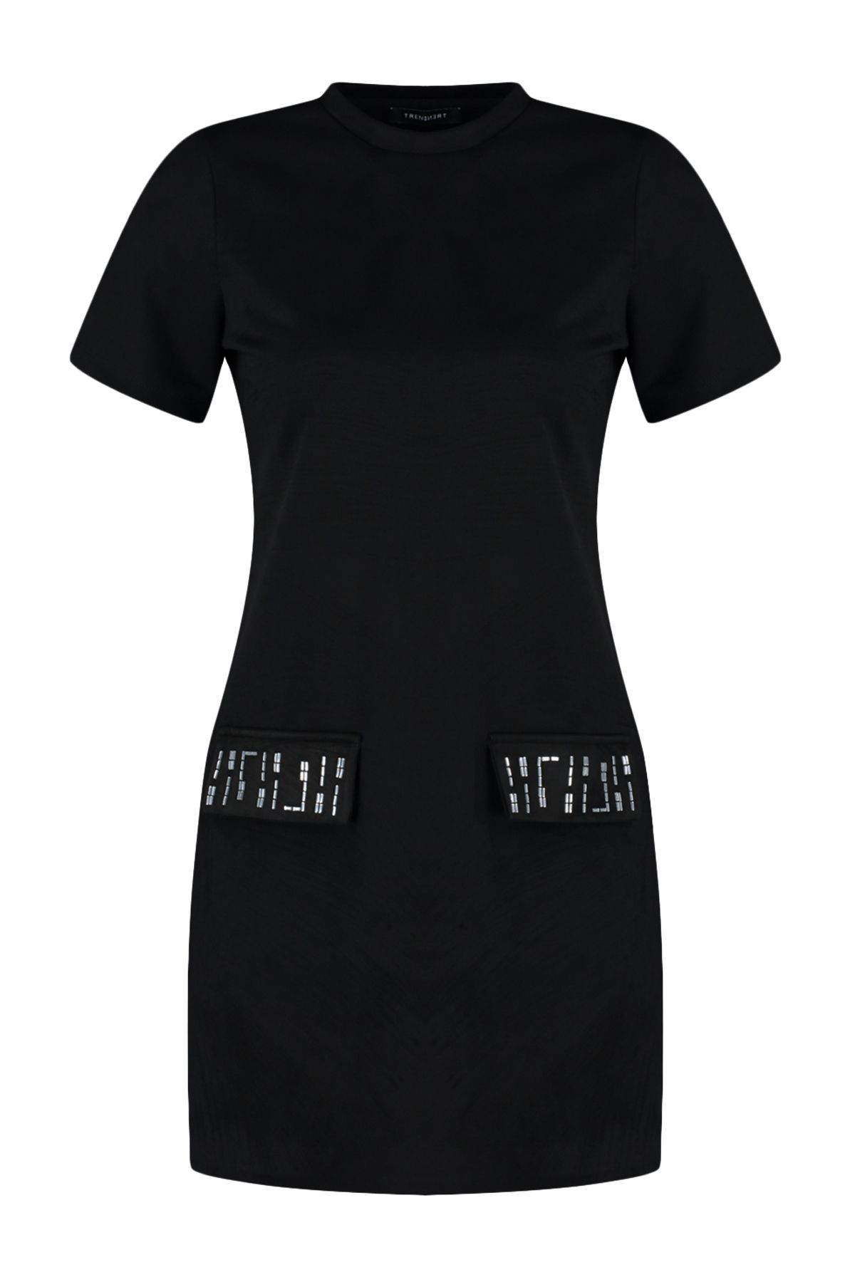 Trendyol Collection-Rochie neagră tricotată mini din piele de căprioară cu detaliu de piatră, cu decolteu rotund TWOAW24EL00523 7