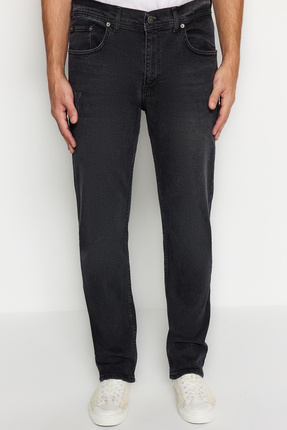 TRENDYOL MAN Erkek Siyah Regular Fit Tırmık Destroylu Jeans Kot Pantolon