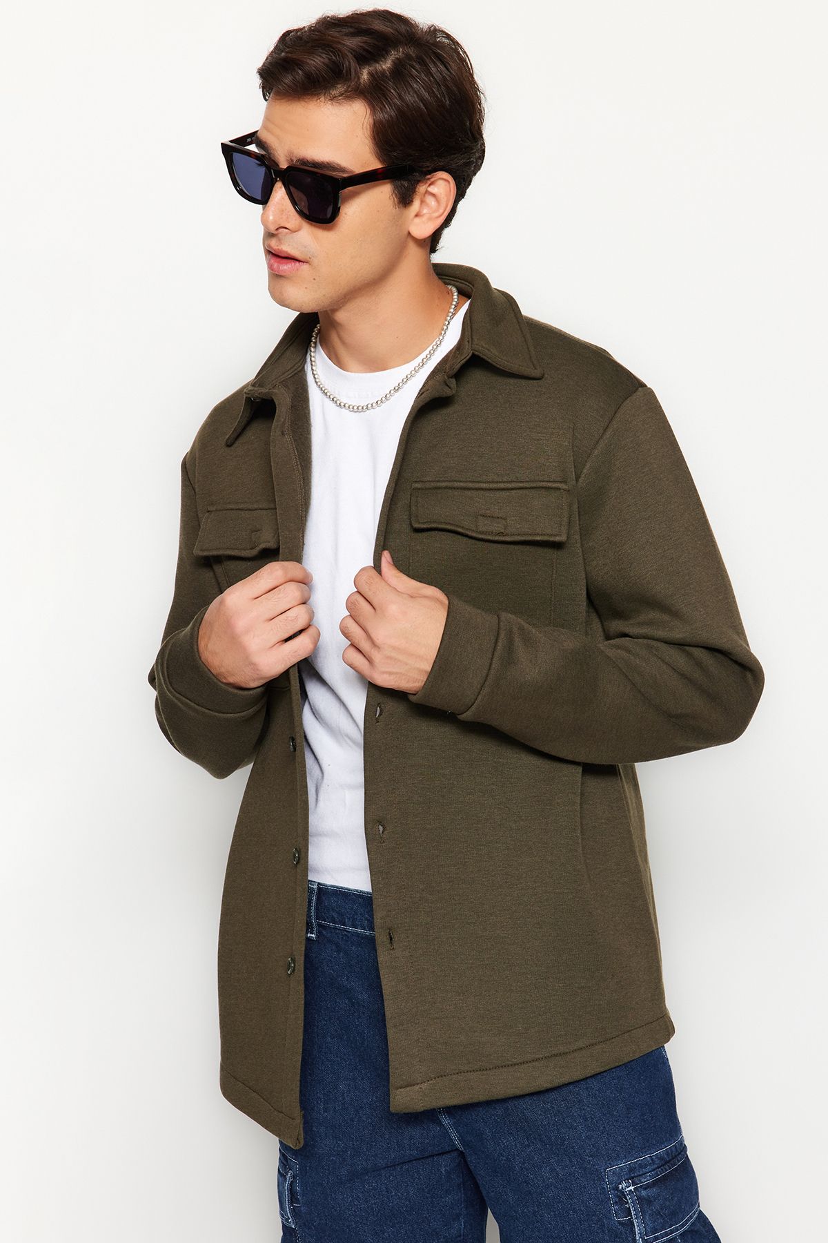 Trendyol Collection Guler Cămașă Kaki - Tăiat Fleece, Cald Masculin - S