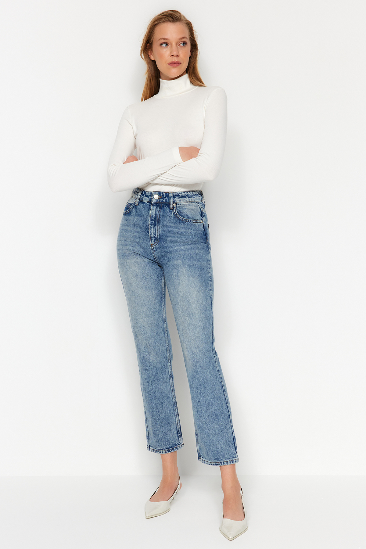 Trendyol Collection-Blugi drepți cu talie înaltă albastru închis TWOAW24JE00082 3