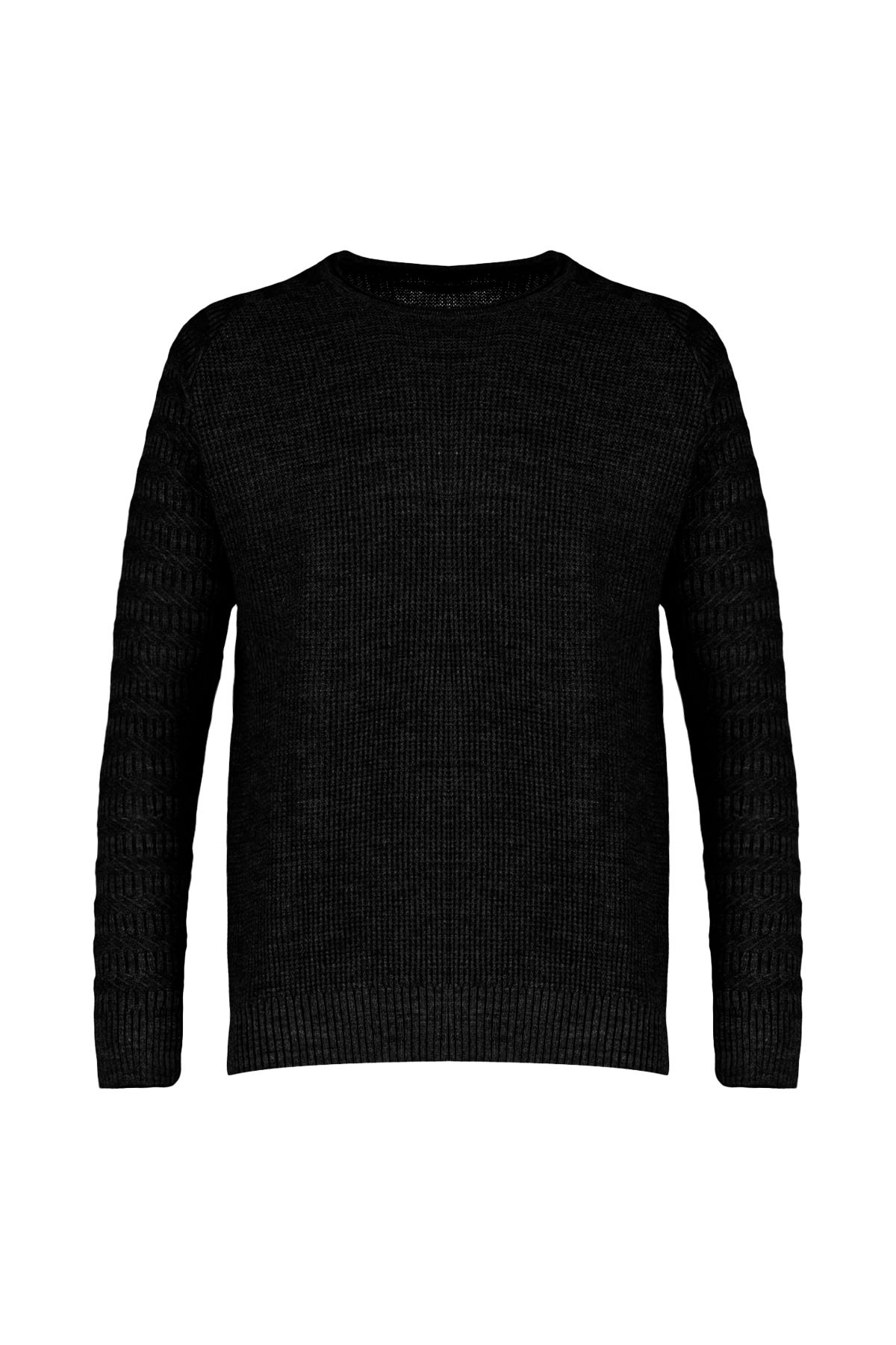 Trendyol Collection-Schwarzer Slim-Fit-Strickpullover mit Rundhalsausschnitt – Muster und Ärmelstruktur, TMNAW22KZ0380 8